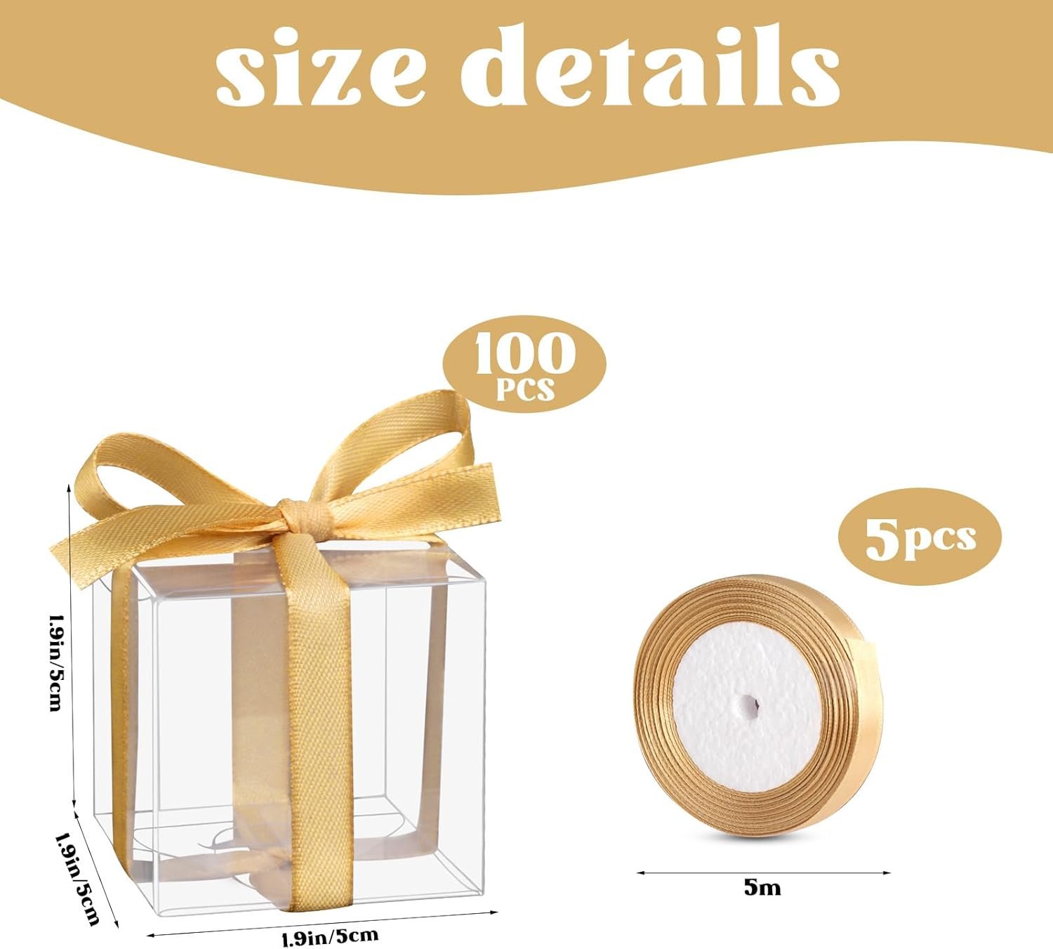 Boîte cadeau en plastique transparent 2x2x2 pouces, gros fournisseur d'articles de fête avec ruban doré, boîte macramé pour mariage, baptêmes et Noël, OEM disponible.