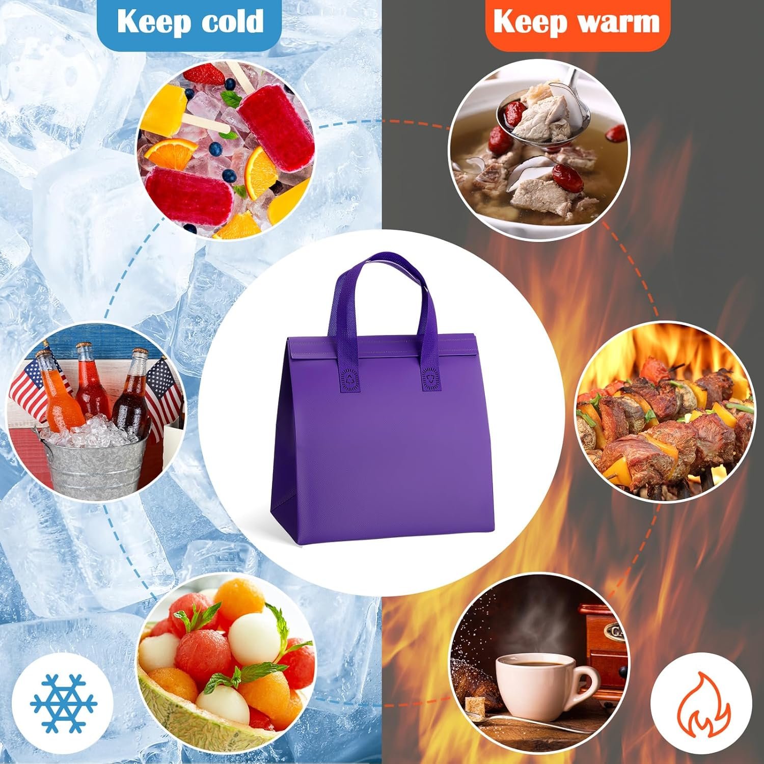 Sacs isothermes en vrac, 50 pièces, pour aliments chauds et froids, 9,45x9,45x5,91 pouces, avec logo personnalisé, idéal pour traiteur, restaurant, épicerie, couleur violet, fournisseur spécialisé.
