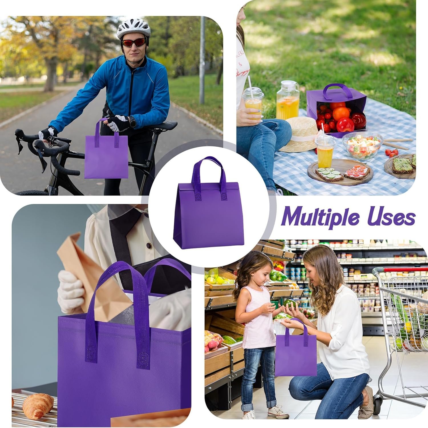 Sacs isothermes en vrac, 50 pièces, pour aliments chauds et froids, 9,45x9,45x5,91 pouces, avec logo personnalisé, idéal pour traiteur, restaurant, épicerie, couleur violet, fournisseur spécialisé.