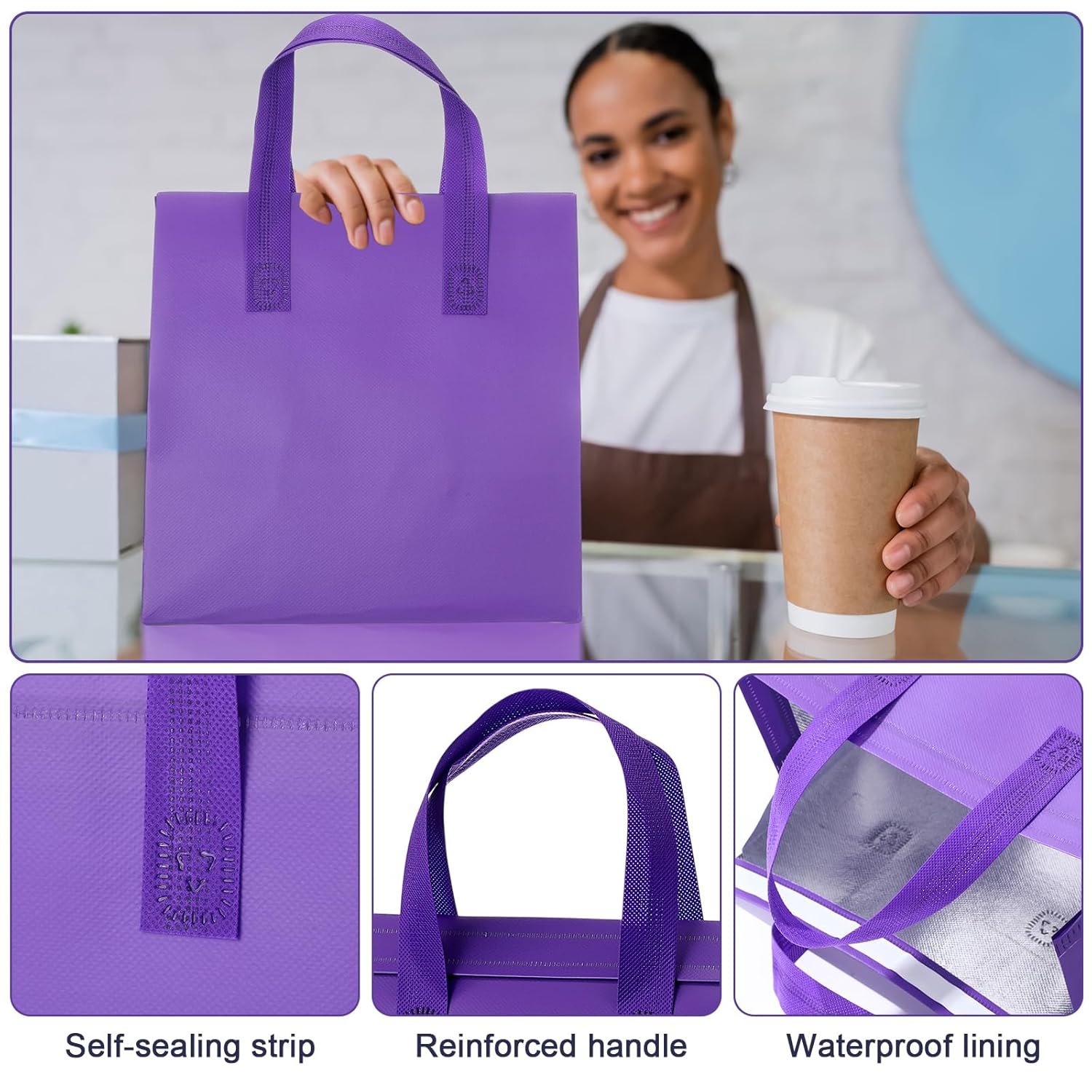 Sacs isothermes en vrac, 50 pièces, pour aliments chauds et froids, 9,45x9,45x5,91 pouces, avec logo personnalisé, idéal pour traiteur, restaurant, épicerie, couleur violet, fournisseur spécialisé.