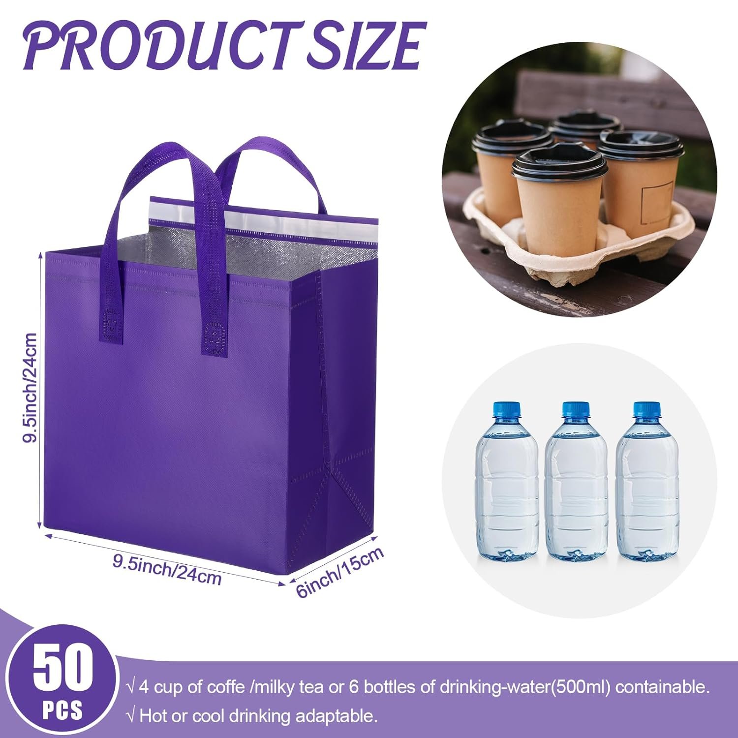 Sacs isothermes en vrac, 50 pièces, pour aliments chauds et froids, 9,45x9,45x5,91 pouces, avec logo personnalisé, idéal pour traiteur, restaurant, épicerie, couleur violet, fournisseur spécialisé.