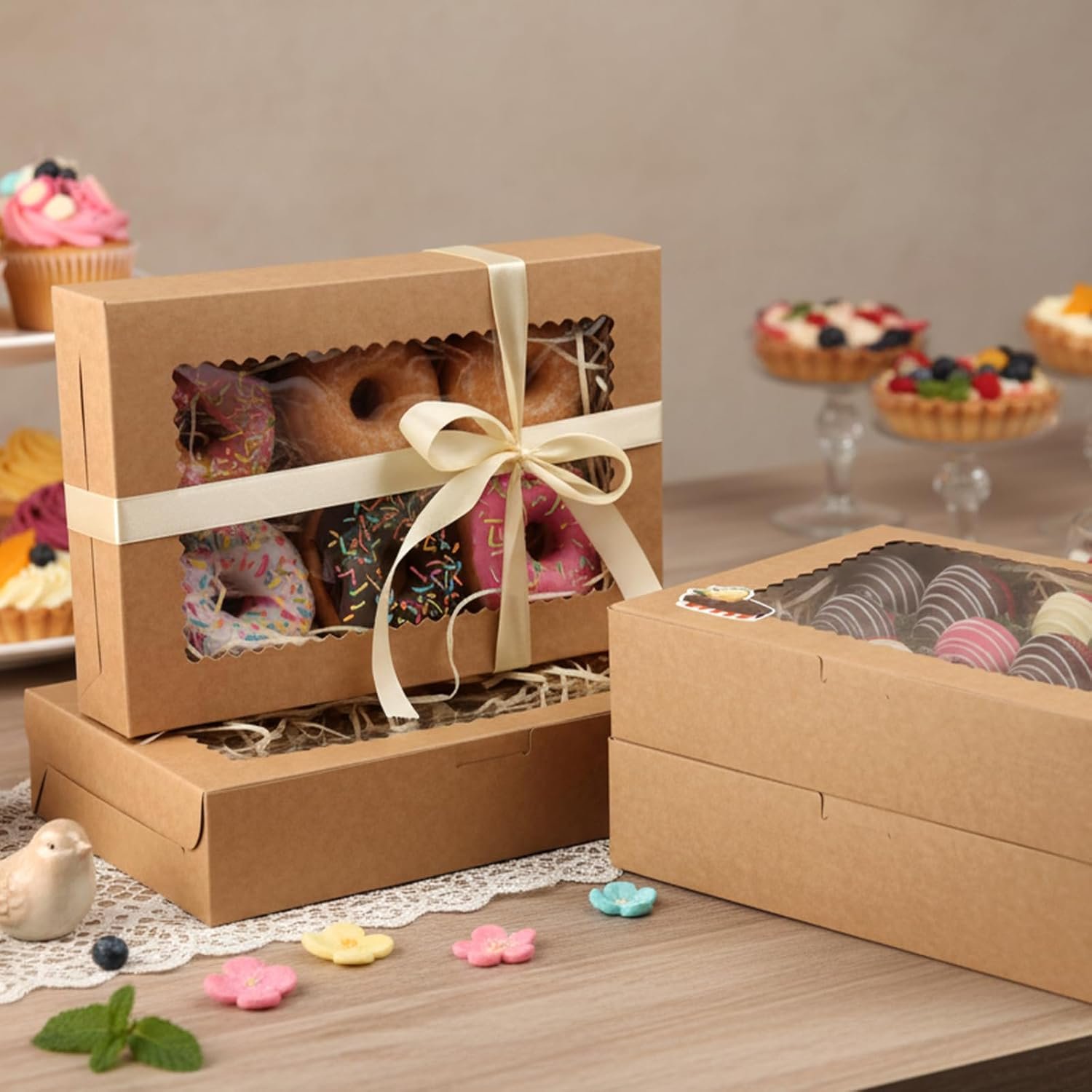 Grossiste Boîtes à gâteaux avec fenêtre, 48 Pack 12x8x2,5 pouces pour cadeaux de Noël, desserts, beignets et pâtisseries - Fabricant Logo Personnalisé, Vente en Gros.