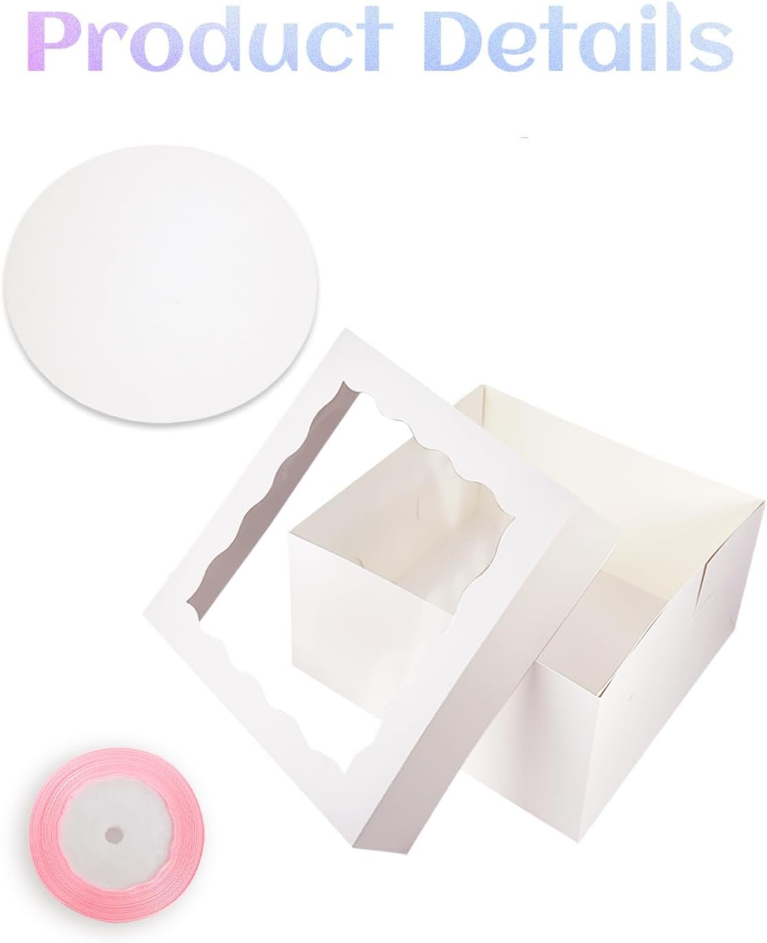 Grossiste de boîtes à gâteaux blanches 12x12x8 pouces avec fenêtre, 36 pièces en vrac avec logo personnalisé et fabrication de support, 18 packs de boîtes à gâteaux et 10 mètres de ruban en soie.