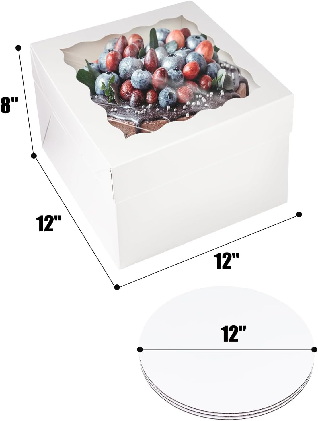 Grossiste de boîtes à gâteaux blanches 12x12x8 pouces avec fenêtre, 36 pièces en vrac avec logo personnalisé et fabrication de support, 18 packs de boîtes à gâteaux et 10 mètres de ruban en soie.