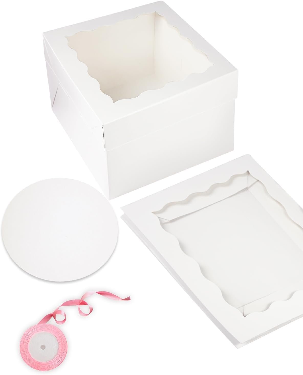 Grossiste de boîtes à gâteaux blanches 12x12x8 pouces avec fenêtre, 36 pièces en vrac avec logo personnalisé et fabrication de support, 18 packs de boîtes à gâteaux et 10 mètres de ruban en soie.