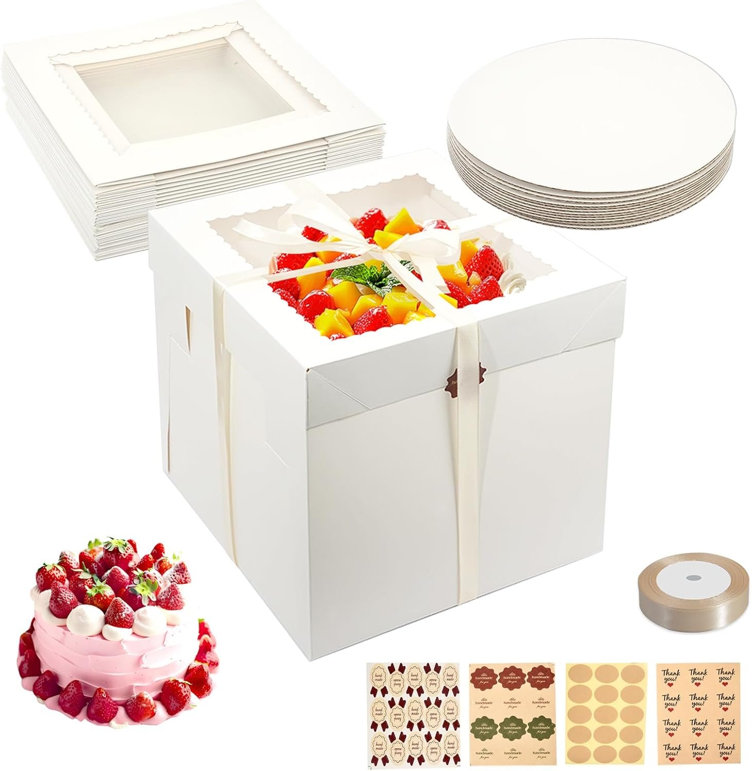 Grossiste Boîtes à Gâteaux 10pcs avec Plateau à Gâteau 12x12x12 pouces, Boîtes Blanches avec Grande Fenêtre pour Cookies, Donuts, Cupcakes, Pâtisseries et Tartes | Personnalisation Logo, Fournisseur de Matériaux en Vrac