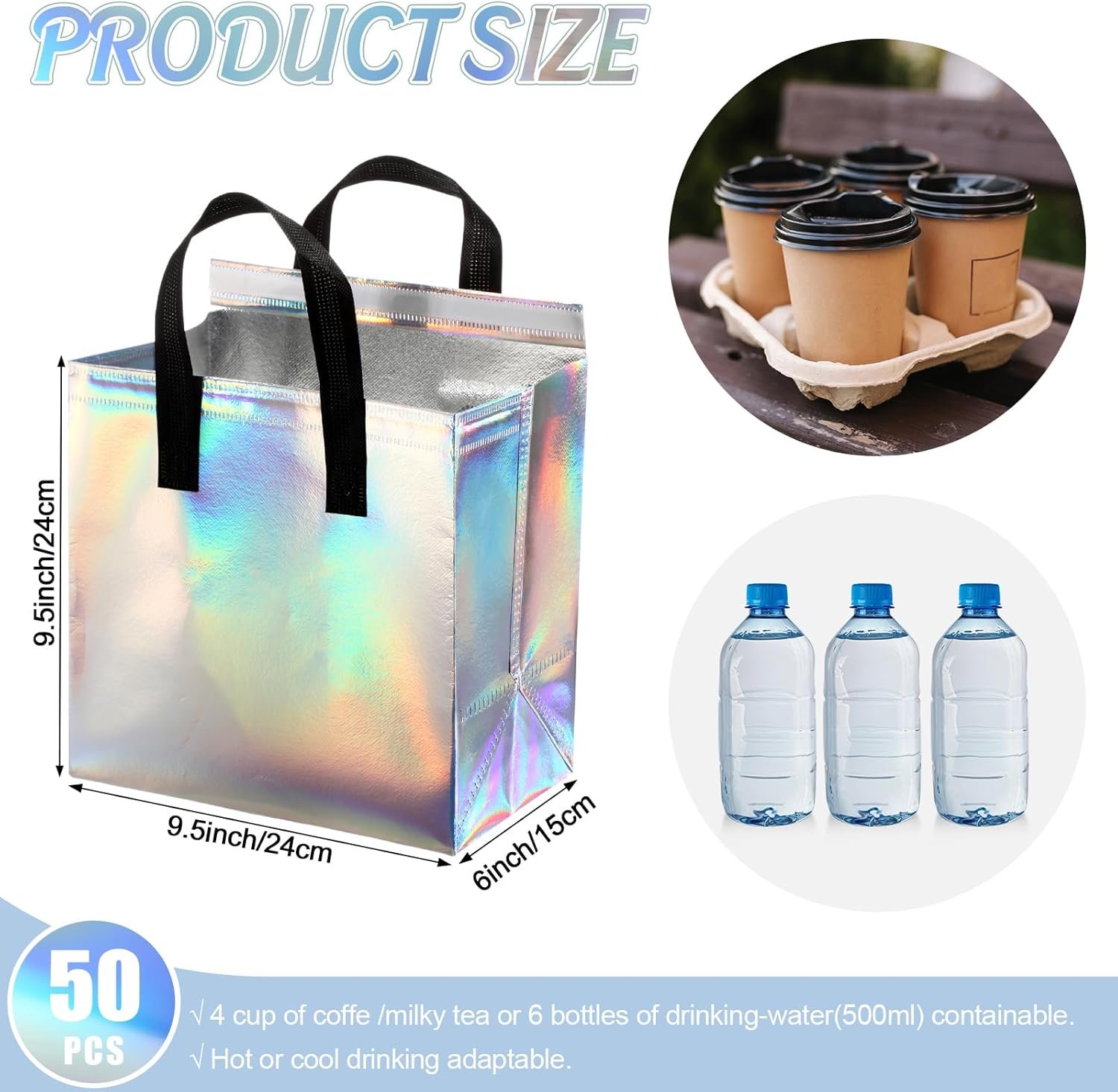 Grossiste en sacs isothermes holographiques personnalisés, 100 pcs pour la livraison alimentaire, solutions thermiques pour emporter chaud et froid, OEM pour café, lait, fruits de mer, pizza, et autres, fournisseur spécialisé pour la restauration.