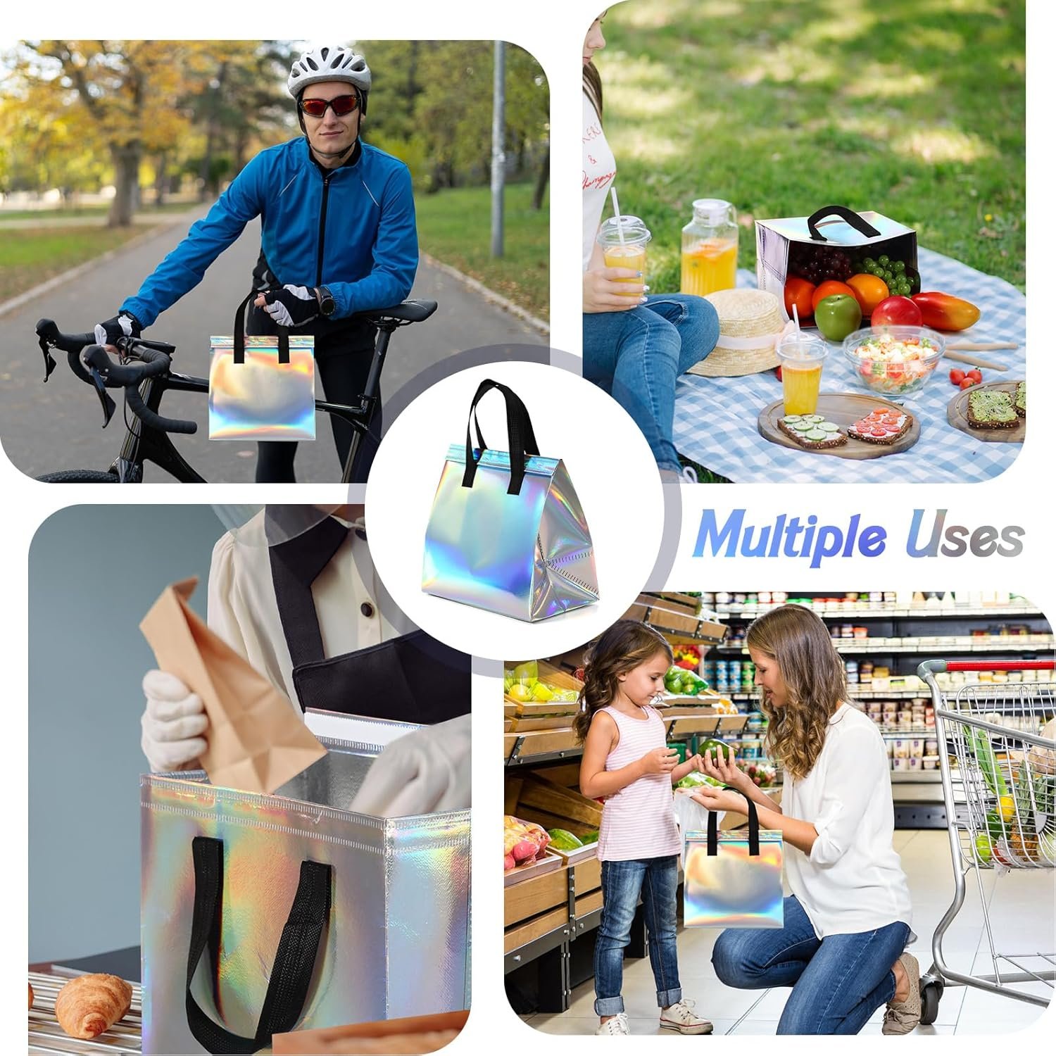 Grossiste en sacs isothermes holographiques personnalisés, 100 pcs pour la livraison alimentaire, solutions thermiques pour emporter chaud et froid, OEM pour café, lait, fruits de mer, pizza, et autres, fournisseur spécialisé pour la restauration.