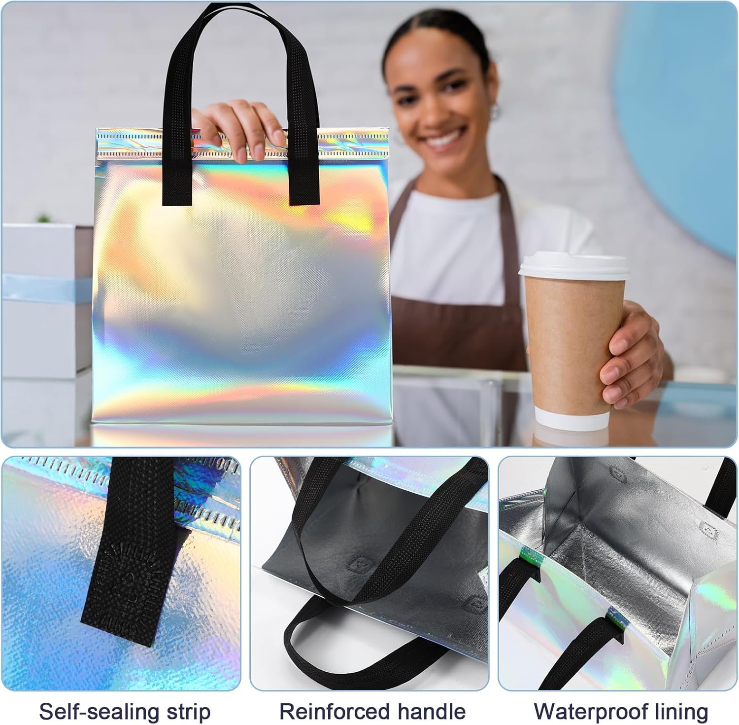 Grossiste en sacs isothermes holographiques personnalisés, 100 pcs pour la livraison alimentaire, solutions thermiques pour emporter chaud et froid, OEM pour café, lait, fruits de mer, pizza, et autres, fournisseur spécialisé pour la restauration.