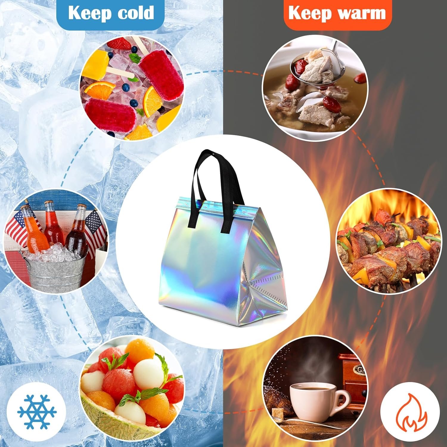 Grossiste en sacs isothermes holographiques personnalisés, 100 pcs pour la livraison alimentaire, solutions thermiques pour emporter chaud et froid, OEM pour café, lait, fruits de mer, pizza, et autres, fournisseur spécialisé pour la restauration.