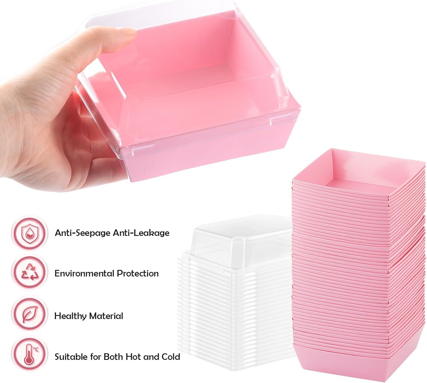 Grossiste en Vrac - 50 Boîtes de Charcuterie avec Couvercles Transparents, Boîtes à Desserts Roses de 4 Pouces, Solutions Jetables pour Cookie, Sandwich, Fraise, Cupcake, Macaron, Tranche de Gâteau - Logo Personnalisé disponible chez notre Fabricant.