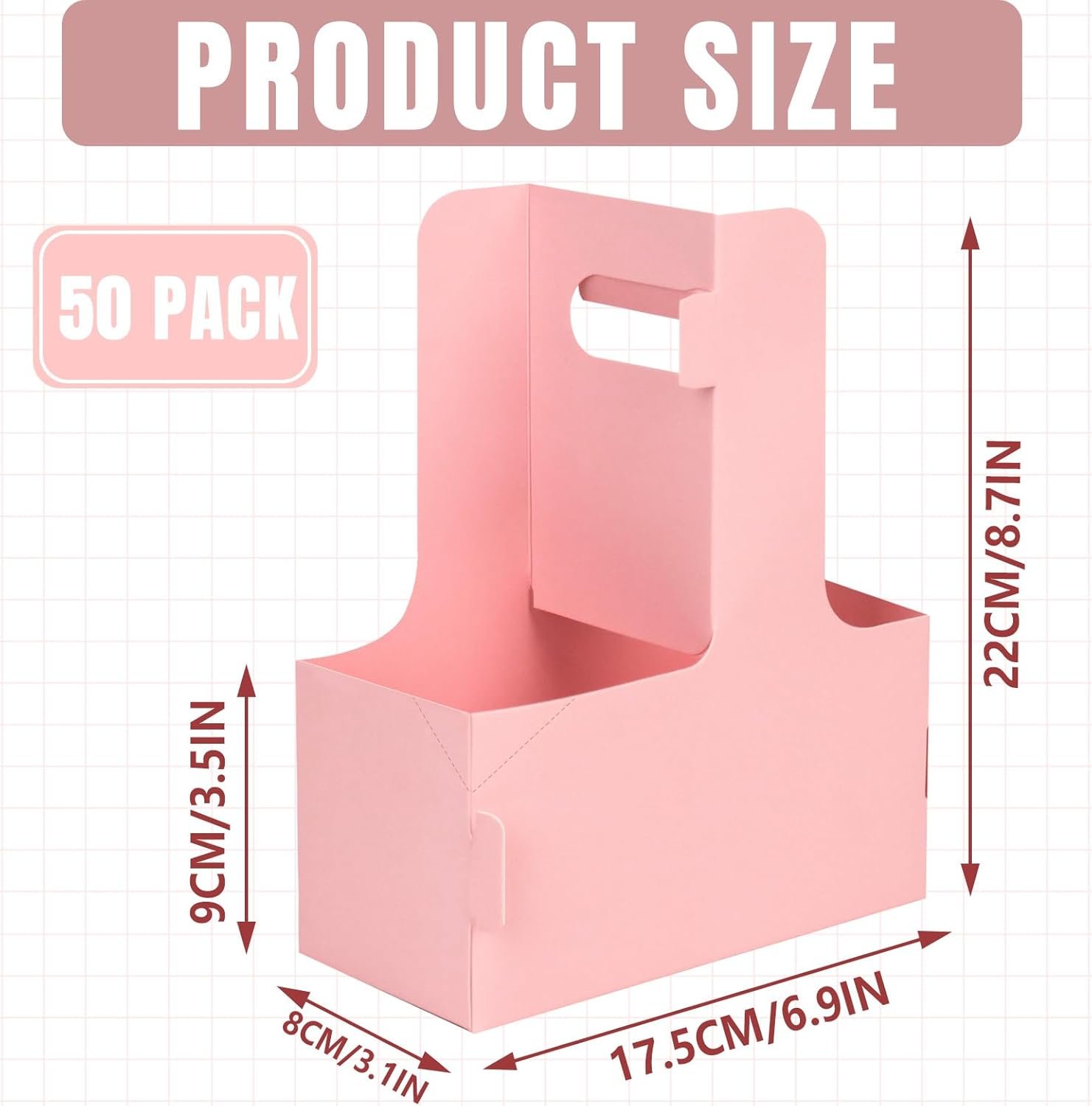 Grossiste de 50 Packs de 2 Supports de Boissons avec Poignée, Fabricant de Porte-gobelets Jetables en Carton Rose pour Boissons, Logo Personnalisé, 6.9 x 3.1 x 8.7 Inches.