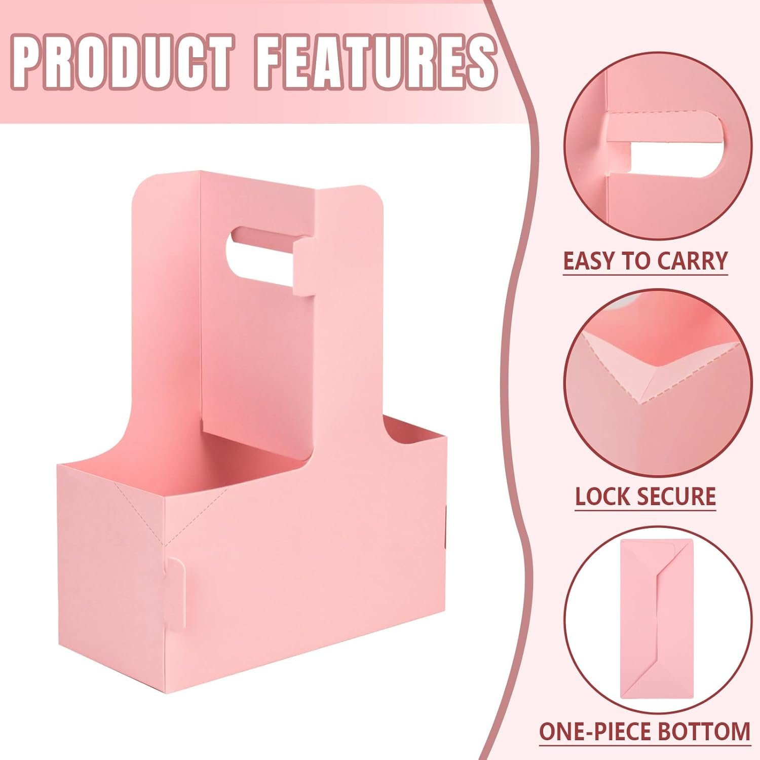 Grossiste de 50 Packs de 2 Supports de Boissons avec Poignée, Fabricant de Porte-gobelets Jetables en Carton Rose pour Boissons, Logo Personnalisé, 6.9 x 3.1 x 8.7 Inches.
