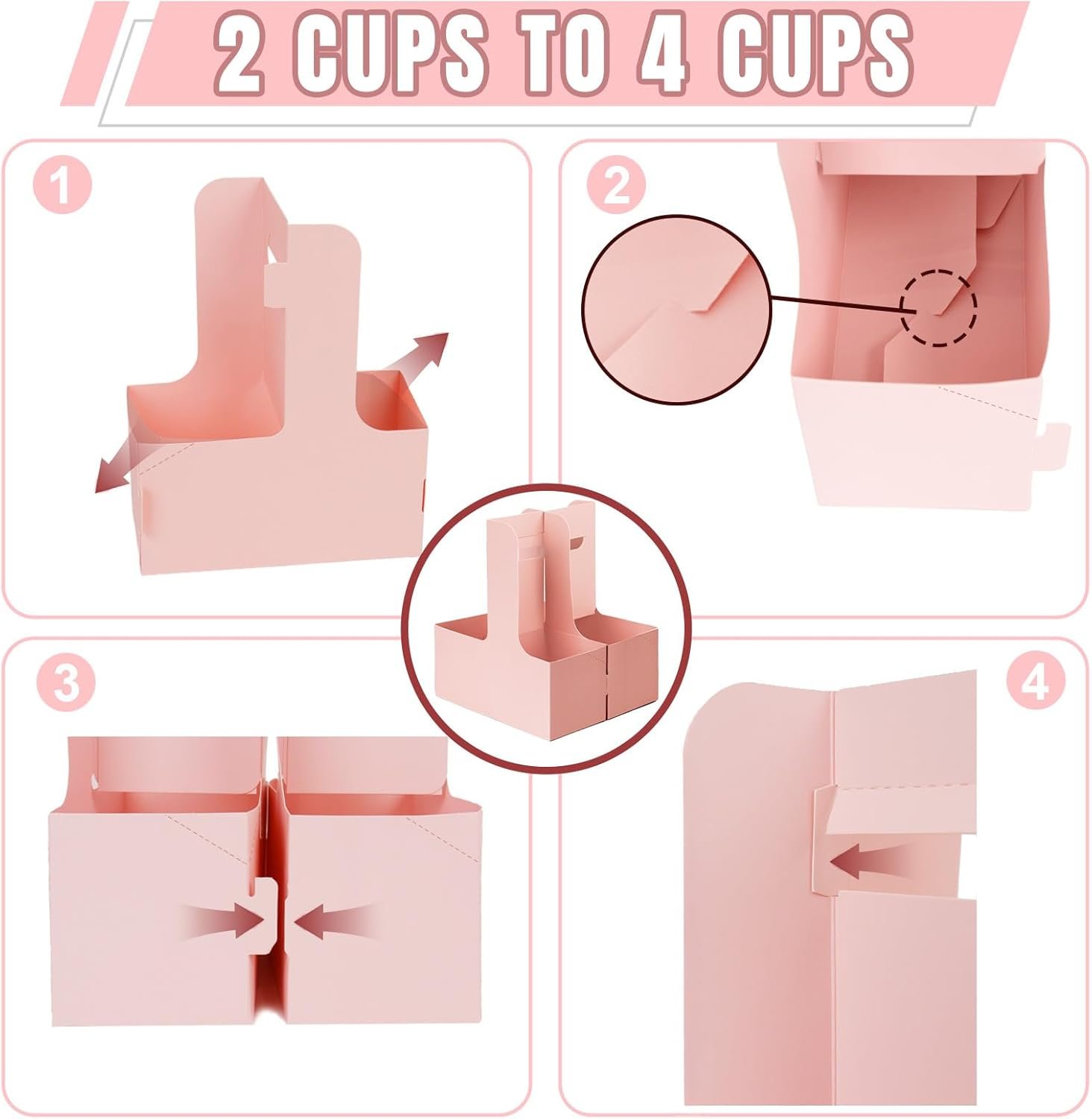 Grossiste de 50 Packs de 2 Supports de Boissons avec Poignée, Fabricant de Porte-gobelets Jetables en Carton Rose pour Boissons, Logo Personnalisé, 6.9 x 3.1 x 8.7 Inches.