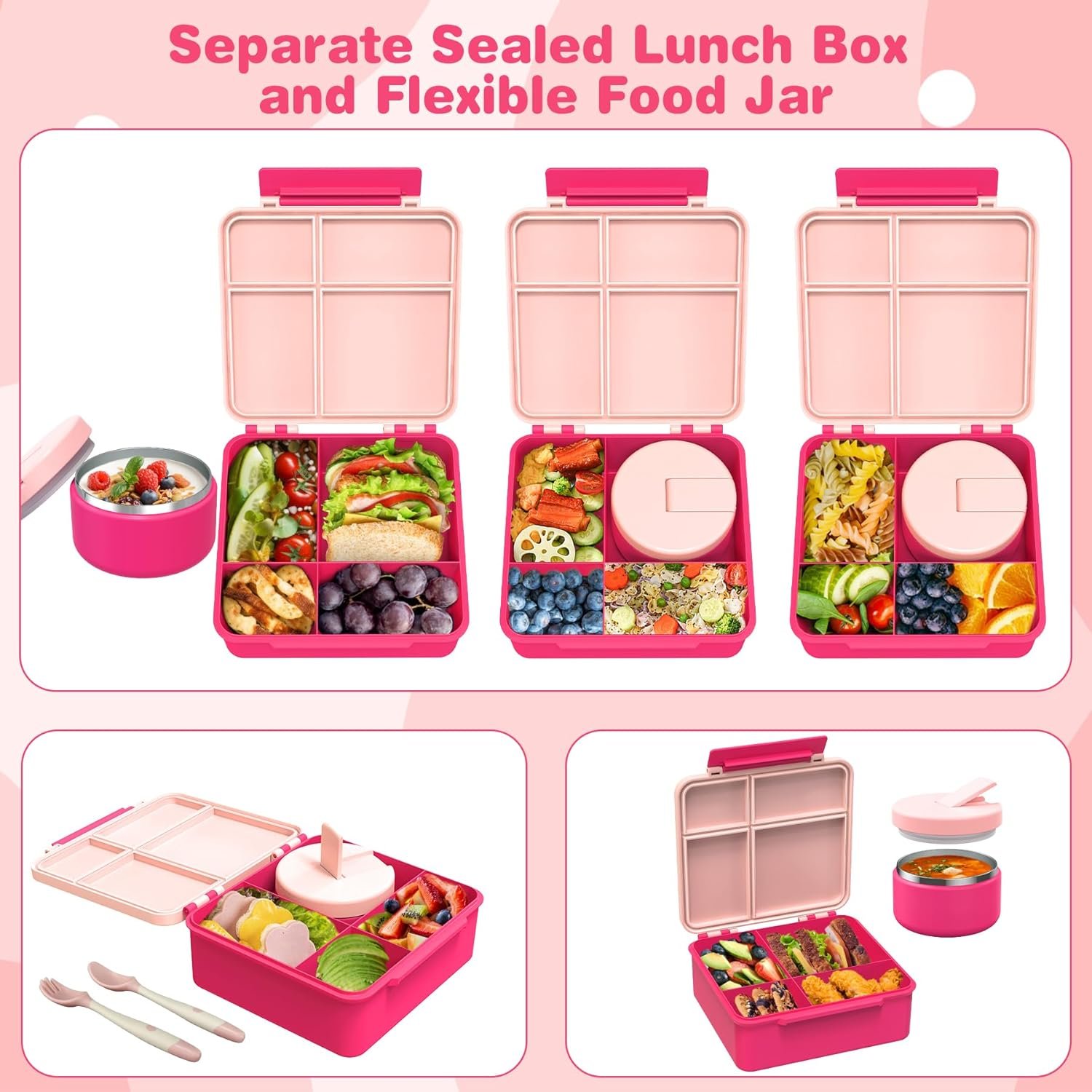 Boîte à déjeuner étanche pour enfants avec 4 compartiments, thermos pour soupe de 240 ml, fournisseur de solutions de repas scolaires en vrac - (Rose)
