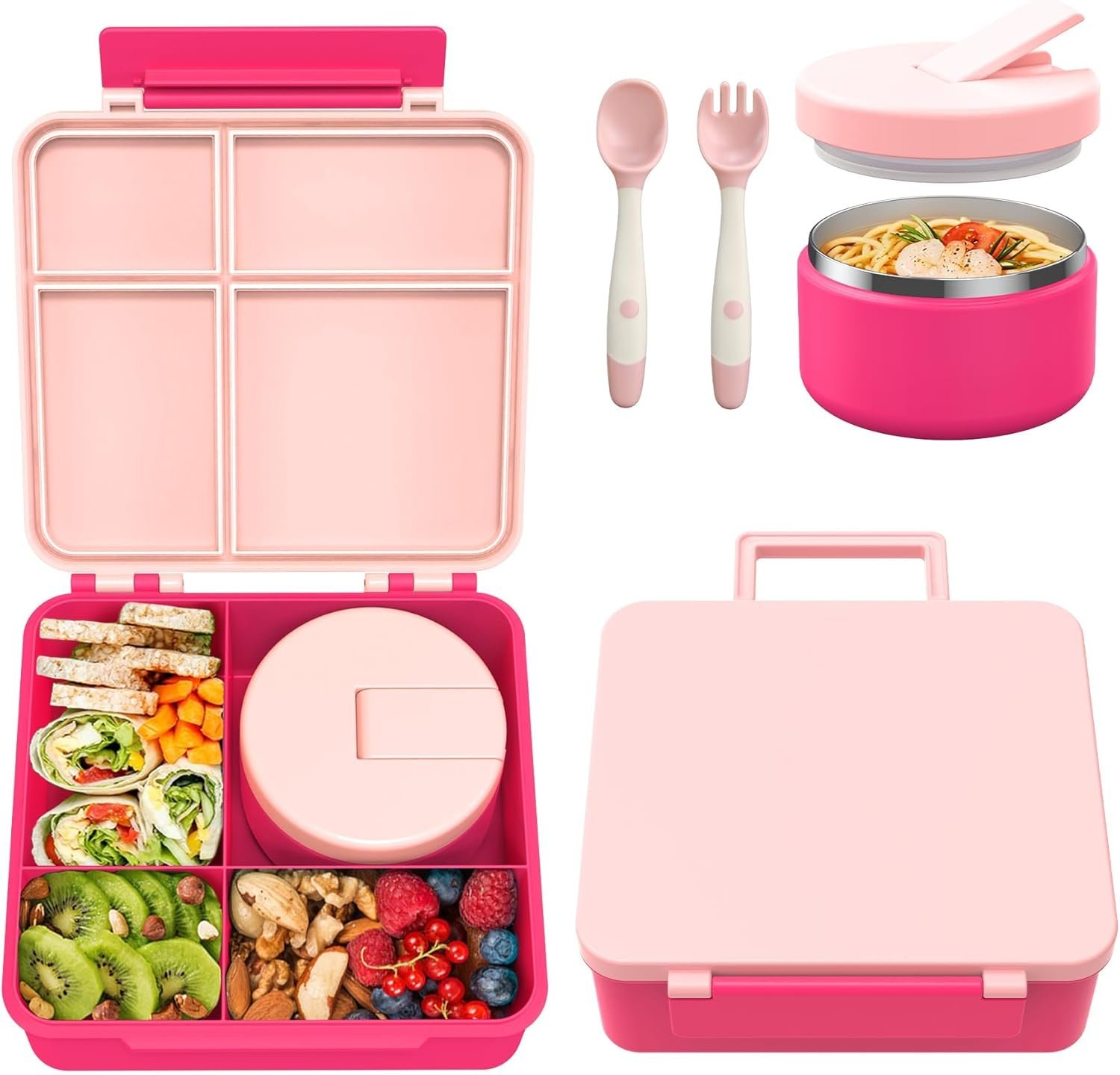 Boîte à déjeuner étanche pour enfants avec 4 compartiments, thermos pour soupe de 240 ml, fournisseur de solutions de repas scolaires en vrac - (Rose)