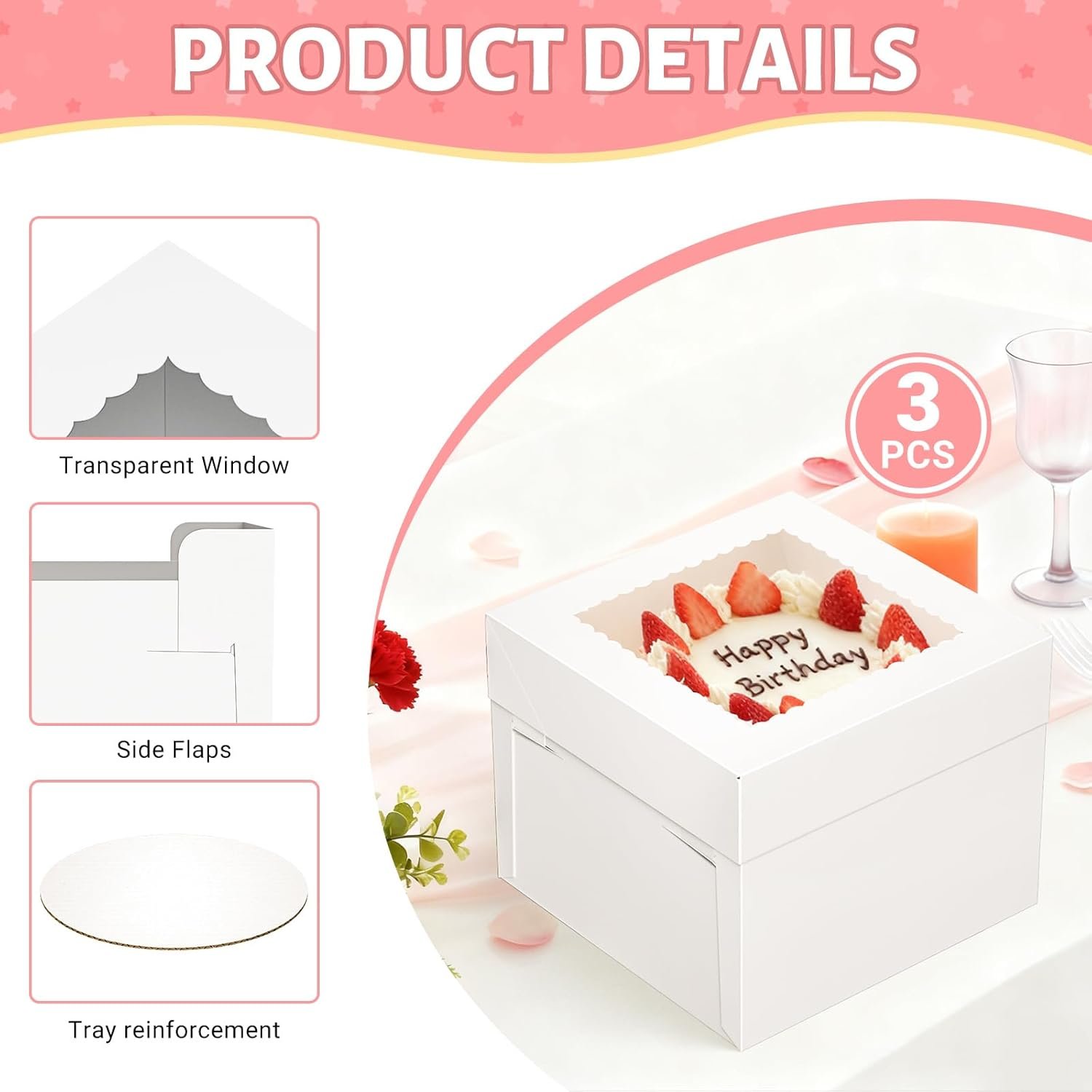 Box de Gâteau 10 x 10 x 8 pouces - Vente en Gros de Boîtes avec fenêtre pour Mariages, Anniversaires, Fêtes et Noël, Fournisseur de Boîtes avec Plateaux. Personnalisez votre Logo.