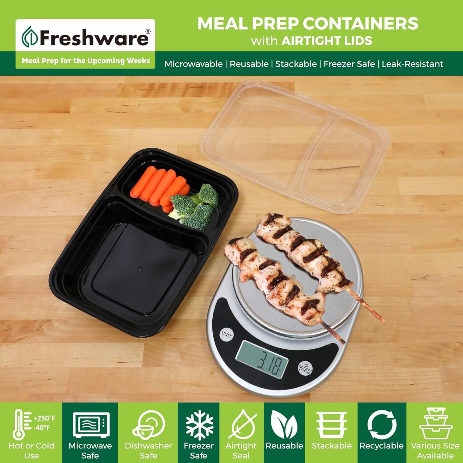 Grossiste Contenants de Préparation de Repas 2 Compartiments avec Couvercles 50 Compte, Fournisseur Alimentaire Empilable et Sûr pour Micro-ondes/Lave-vaisselle/Freezer (28 oz), Logo Personnalisé