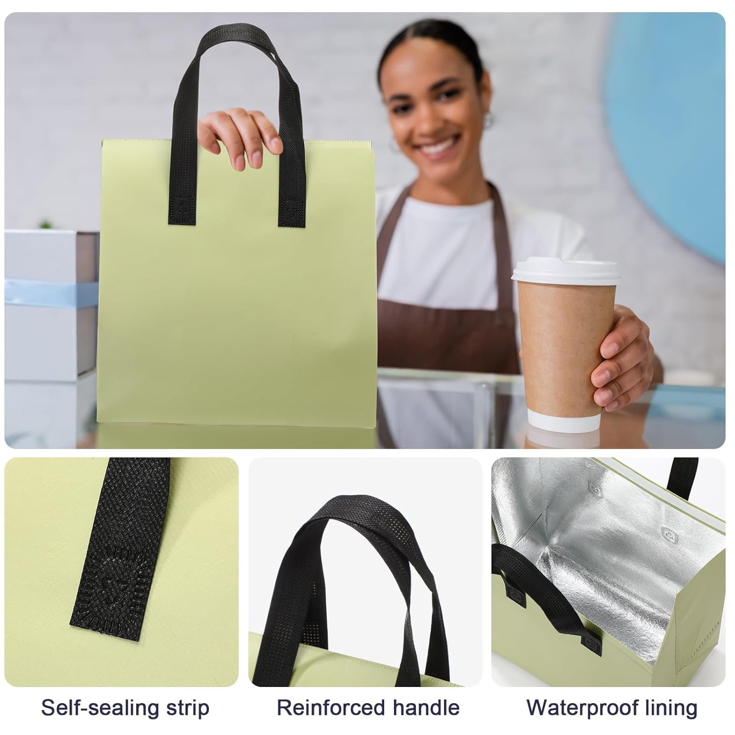 Grossiste 50 Pcs Sacs Isolants à Emporter en Vrac, Fabricant de Sacs Thermiques pour Café, Lait, Thé, Aliments Chauds et Froids, Fruits de Mer, 9.45x9.45x5.91inch, Logo Personnalisé, Vert Grossiste 50 Pcs Sacs Isolants à Emporter en Vrac, Fabricant de Sacs Thermiques pour Café, Lait, Thé, Aliments Chauds et Froids, Fruits de Mer, 9.45x9.45x5.91inch, Logo Personnalisé, Vert