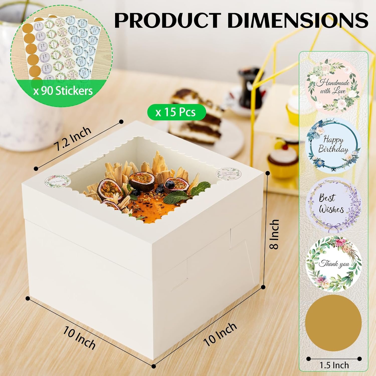 Grossiste 15 Boîtes à Gâteau Hautes 10x10x8 Pouces avec Fenêtre, Boîtes à Cheesecake Carrées Blanches, Fournisseur de Boîtes de Pâtisserie avec 90 Autocollants pour Gâteaux, Tartes, Mariages, Fête d'Anniversaire, Logo Personnalisé, Vente en Gros.