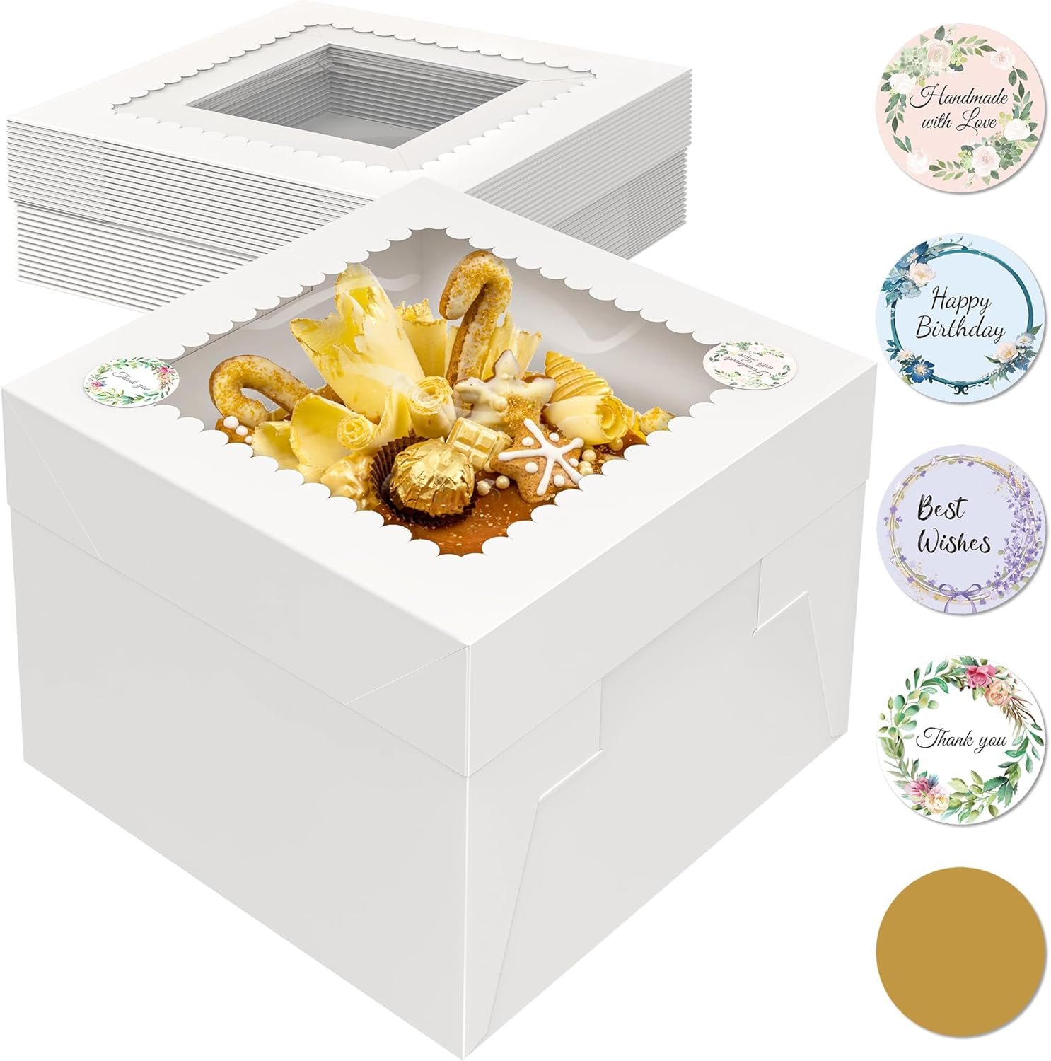 Grossiste 15 Boîtes à Gâteau Hautes 10x10x8 Pouces avec Fenêtre, Boîtes à Cheesecake Carrées Blanches, Fournisseur de Boîtes de Pâtisserie avec 90 Autocollants pour Gâteaux, Tartes, Mariages, Fête d'Anniversaire, Logo Personnalisé, Vente en Gros.