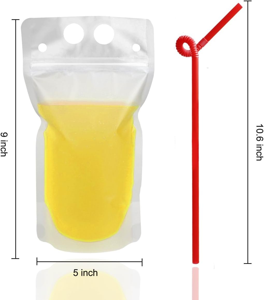Grossiste 100 Pcs Poches à Boisson avec 100 Trou de Paille, Poches à Jus Congelables pour Boissons Froides et Chaudes, Fabricant de Sacs en Plastique Zippés Réutilisables, OEM pour Adultes et Enfants