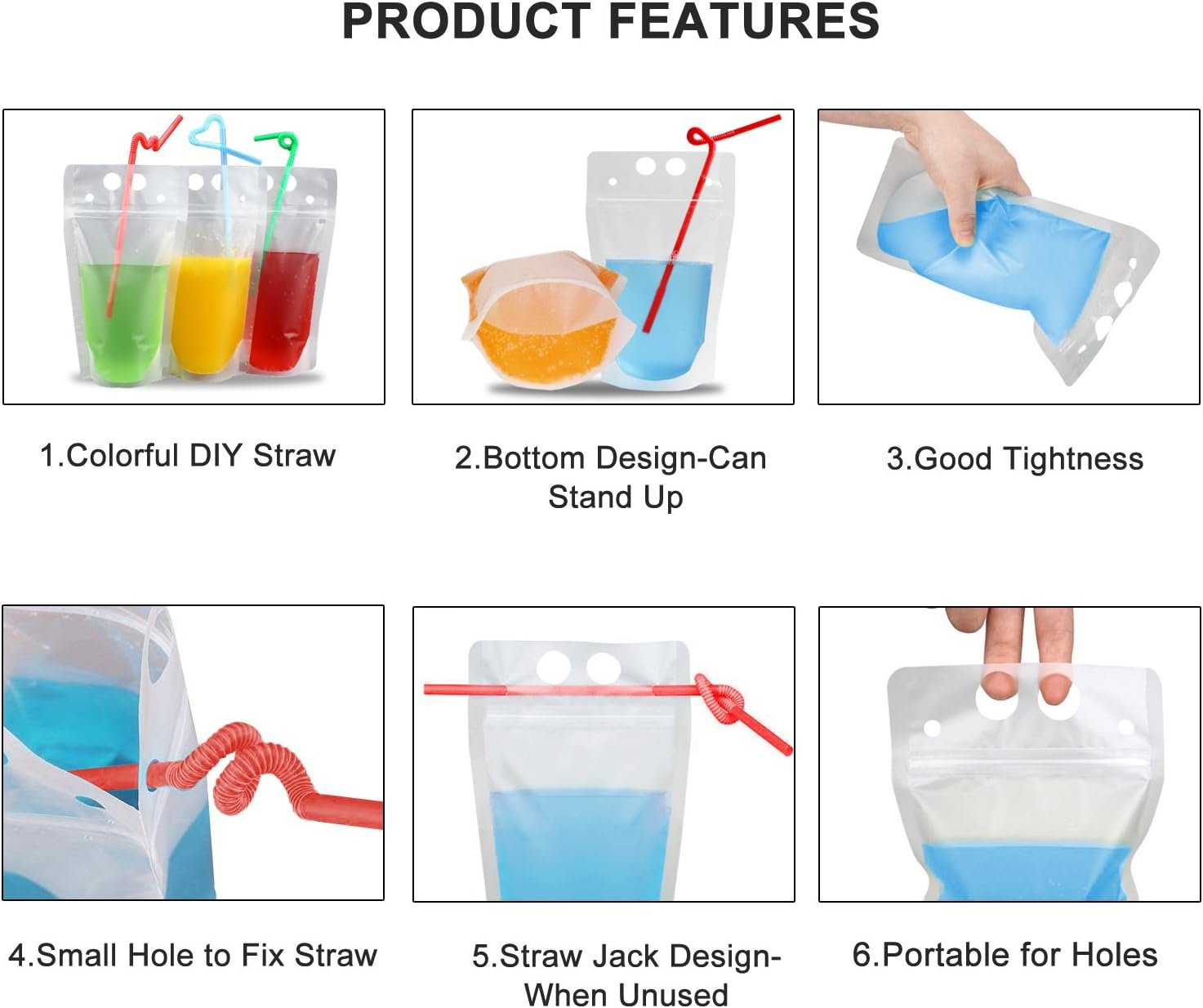 Grossiste 100 Pcs Poches à Boisson avec 100 Trou de Paille, Poches à Jus Congelables pour Boissons Froides et Chaudes, Fabricant de Sacs en Plastique Zippés Réutilisables, OEM pour Adultes et Enfants