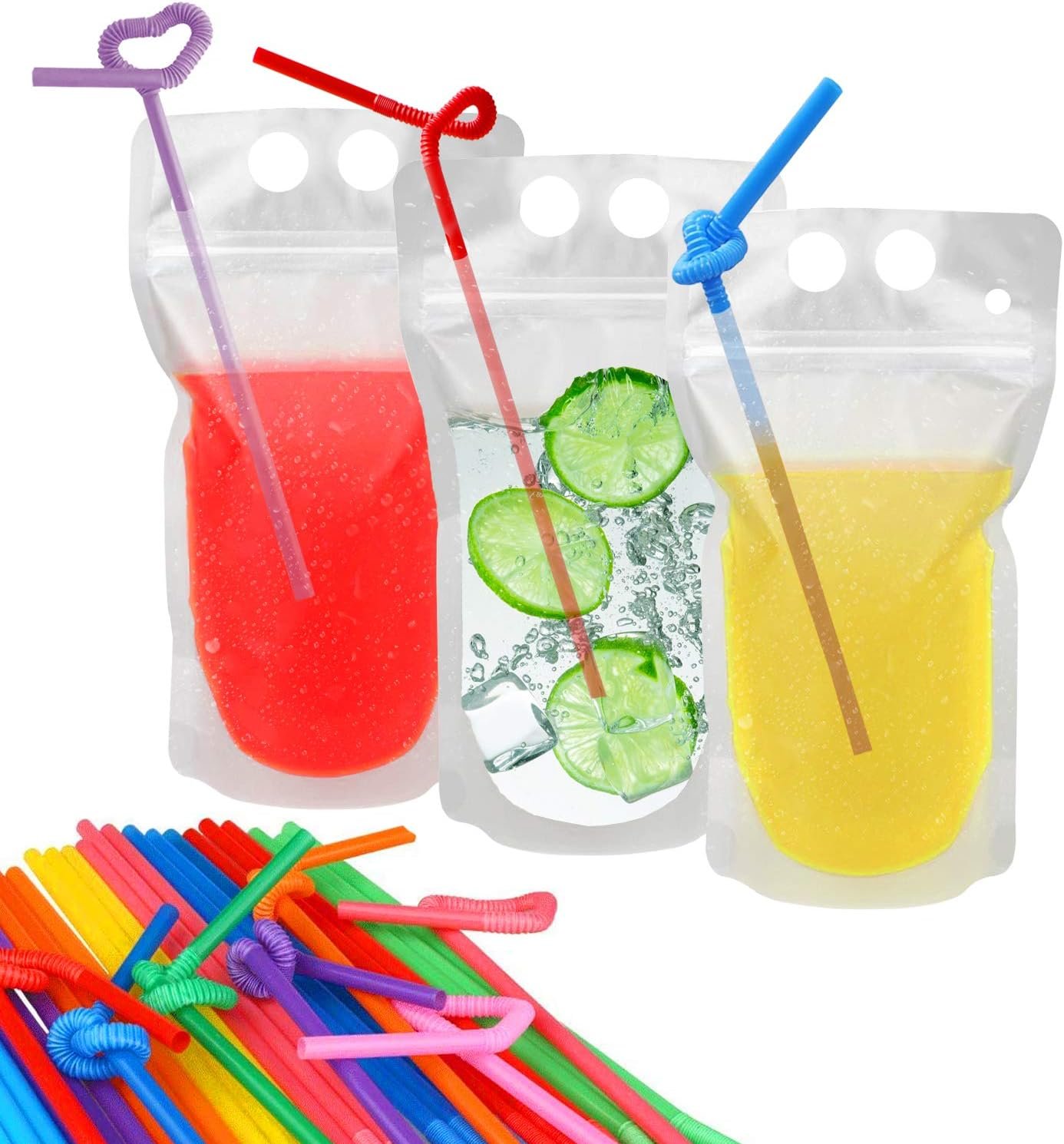 Grossiste 100 Pcs Poches à Boisson avec 100 Trou de Paille, Poches à Jus Congelables pour Boissons Froides et Chaudes, Fabricant de Sacs en Plastique Zippés Réutilisables, OEM pour Adultes et Enfants