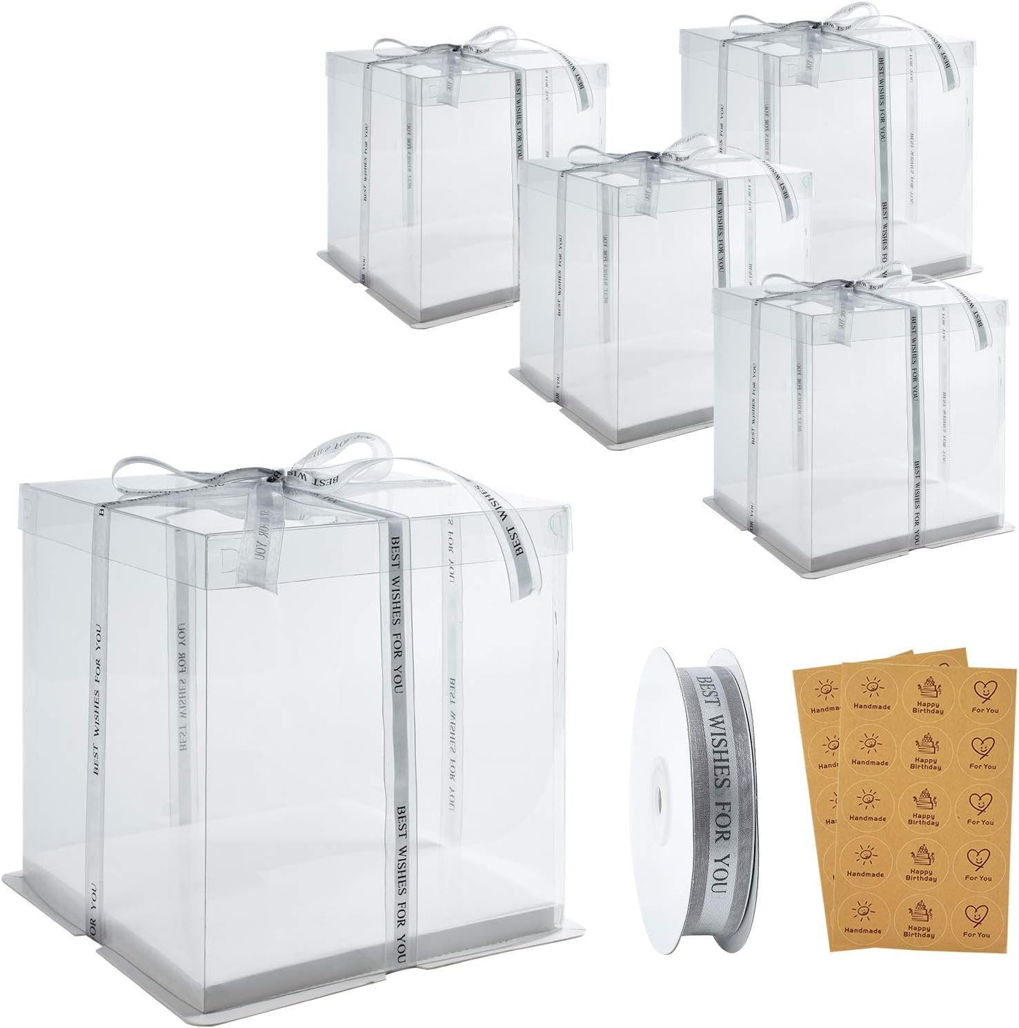 Boîtes à gâteaux transparentes en gros, 5 pièces 10x10x12 pouces, OEM pour gâteaux à étages, boîte cadeau claire pour mariage, fête, anniversaire.