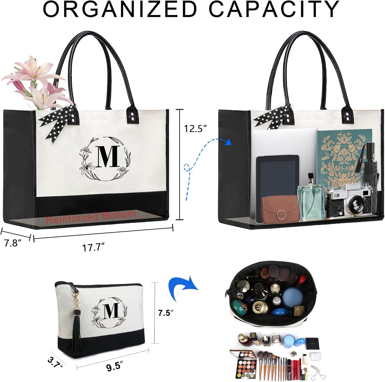 Sac fourre-tout personnalisé pour femmes, grande taille, en toile blanche et noire avec poignées en cuir et fermeture éclair, grossiste, logo personnalisé, fabricant.