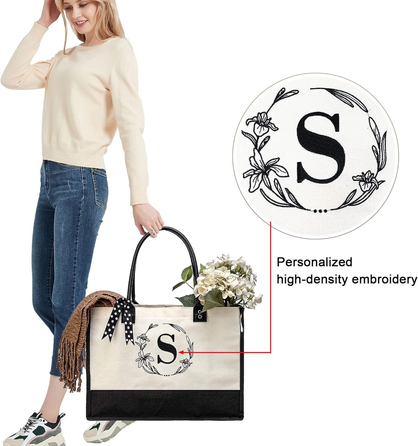Sac fourre-tout personnalisé pour femmes, grande taille, en toile blanche et noire avec poignées en cuir et fermeture éclair, grossiste, logo personnalisé, fabricant.