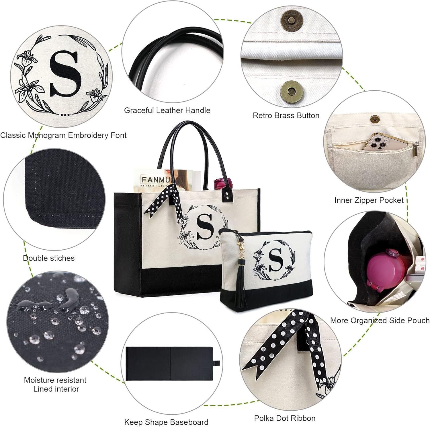 Sac fourre-tout personnalisé pour femmes, grande taille, en toile blanche et noire avec poignées en cuir et fermeture éclair, grossiste, logo personnalisé, fabricant.