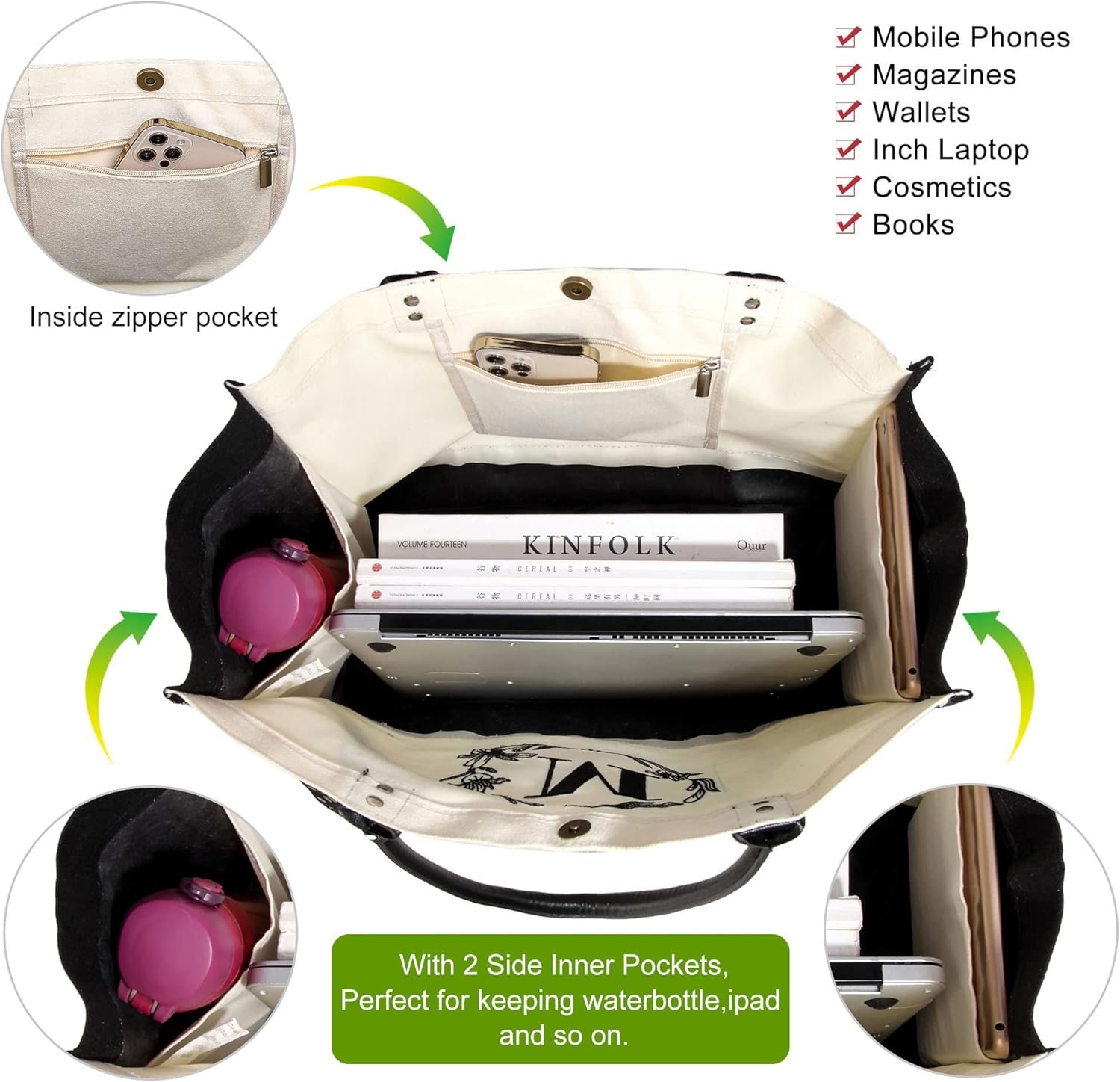 Sac fourre-tout personnalisé pour femmes, grande taille, en toile blanche et noire avec poignées en cuir et fermeture éclair, grossiste, logo personnalisé, fabricant.