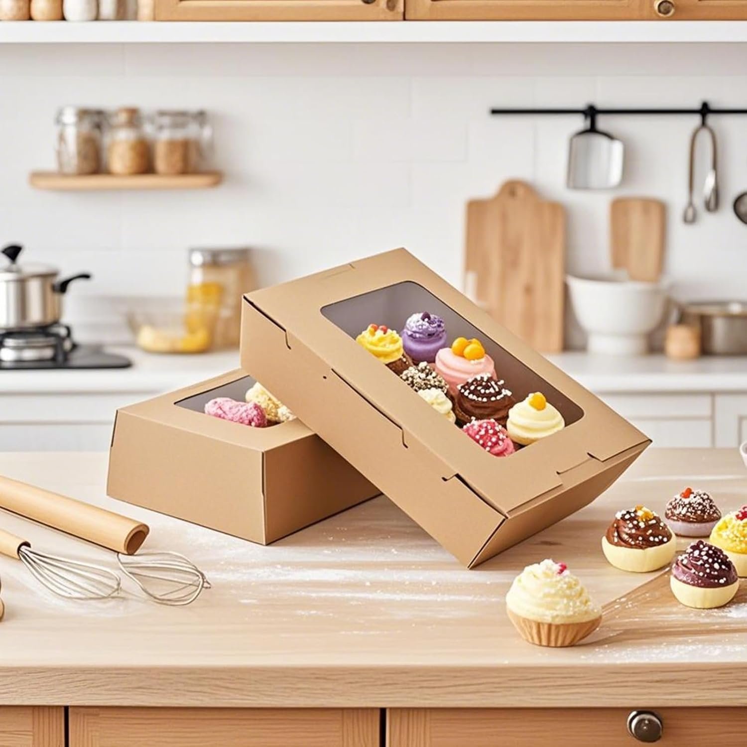 Grossiste emballages alimentaires en kraft, boîtes à emporter 40oz avec fenêtre transparente, logo personnalisé, fournisseur de contenants jetables pour pâtisseries et desserts, achat en gros.