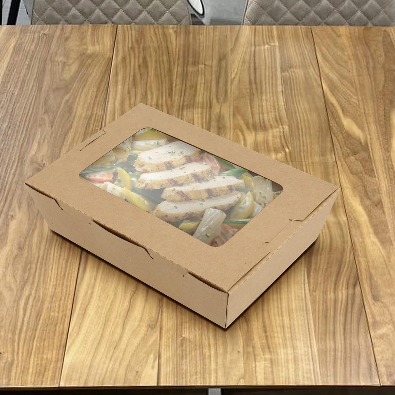 Grossiste emballages alimentaires en kraft, boîtes à emporter 40oz avec fenêtre transparente, logo personnalisé, fournisseur de contenants jetables pour pâtisseries et desserts, achat en gros.