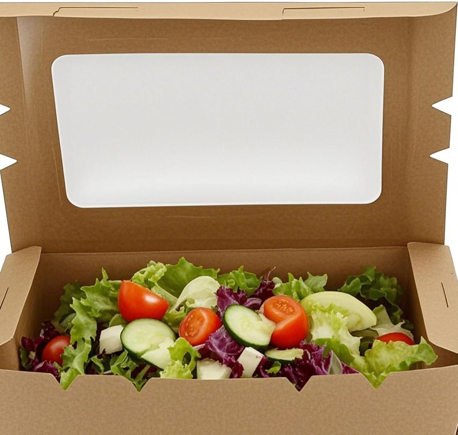 Grossiste emballages alimentaires en kraft, boîtes à emporter 40oz avec fenêtre transparente, logo personnalisé, fournisseur de contenants jetables pour pâtisseries et desserts, achat en gros.