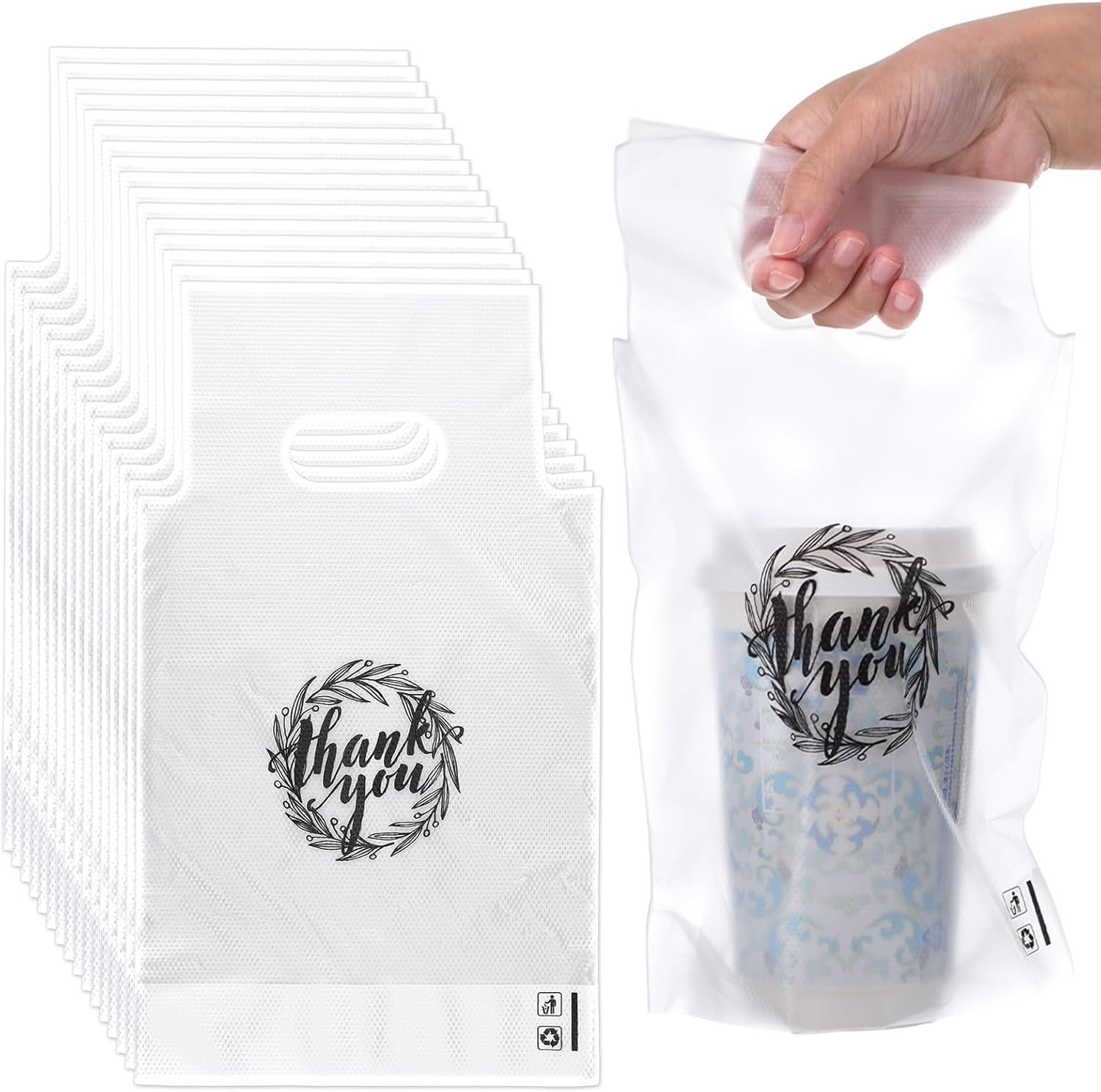 Grossiste sacs à boire avec poignées 1000 unités pour boissons, 11 x 6,3 pouces, OEM, fabrication en plastique pour transport de cafés, jus, lait et thés. Fournisseur de sacs en poly pour livraison et emport.