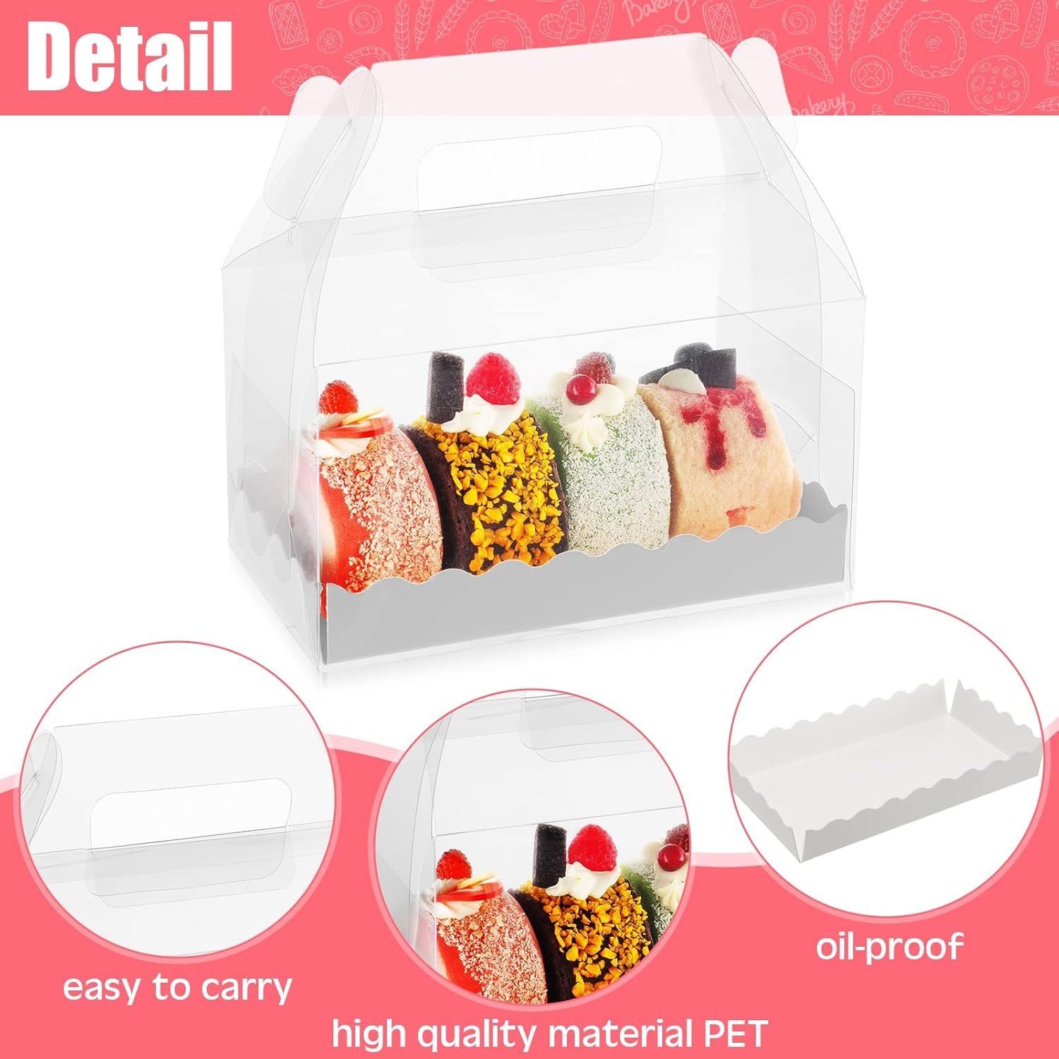 Grossiste Boîtes Gables Transparentes - 25 Pcs Boîtes Favor avec Poignées et Carton pour Cookies, Pâtisseries, Cupcakes et Desserts 6,3 x 3,6 x 3,6'' - Marque Blanche et Personnalisation Disponibles