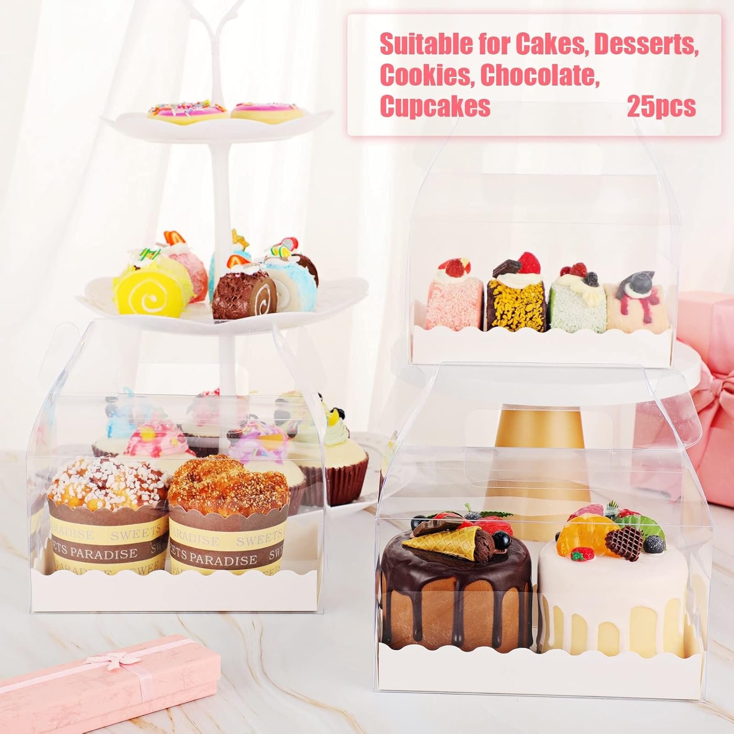 Grossiste Boîtes Gables Transparentes - 25 Pcs Boîtes Favor avec Poignées et Carton pour Cookies, Pâtisseries, Cupcakes et Desserts 6,3 x 3,6 x 3,6'' - Marque Blanche et Personnalisation Disponibles