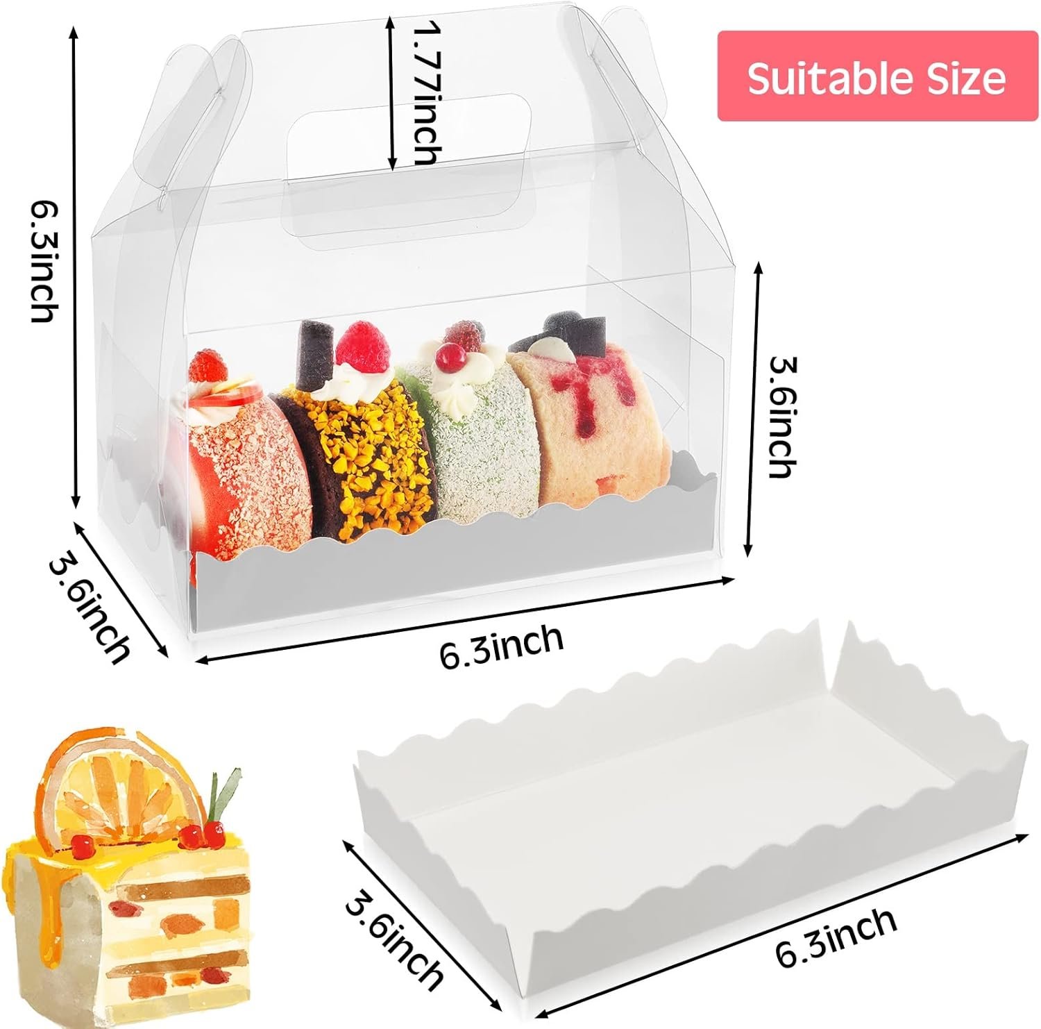 Grossiste Boîtes Gables Transparentes - 25 Pcs Boîtes Favor avec Poignées et Carton pour Cookies, Pâtisseries, Cupcakes et Desserts 6,3 x 3,6 x 3,6'' - Marque Blanche et Personnalisation Disponibles