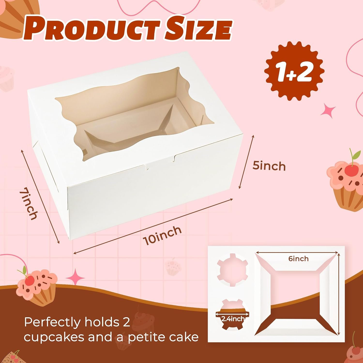 Grossiste en emballages, boîte Bento 1+2 avec fenêtre transparente pour 2 cupcakes et 1 mini gâteau, idéal pour le packaging des gourmandises, Logo Personnalisé OEM.