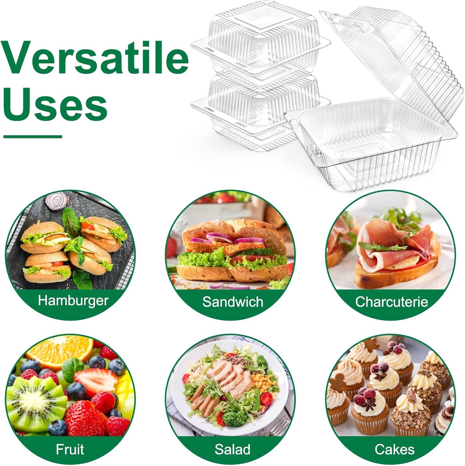 Grossiste conteneurs alimentaires en plastique transparents, boîtes à emporter en vrac pour part de gâteau, salade, sandwichs, desserts et cookies, avec logo personnalisé et couvercles à charnière.