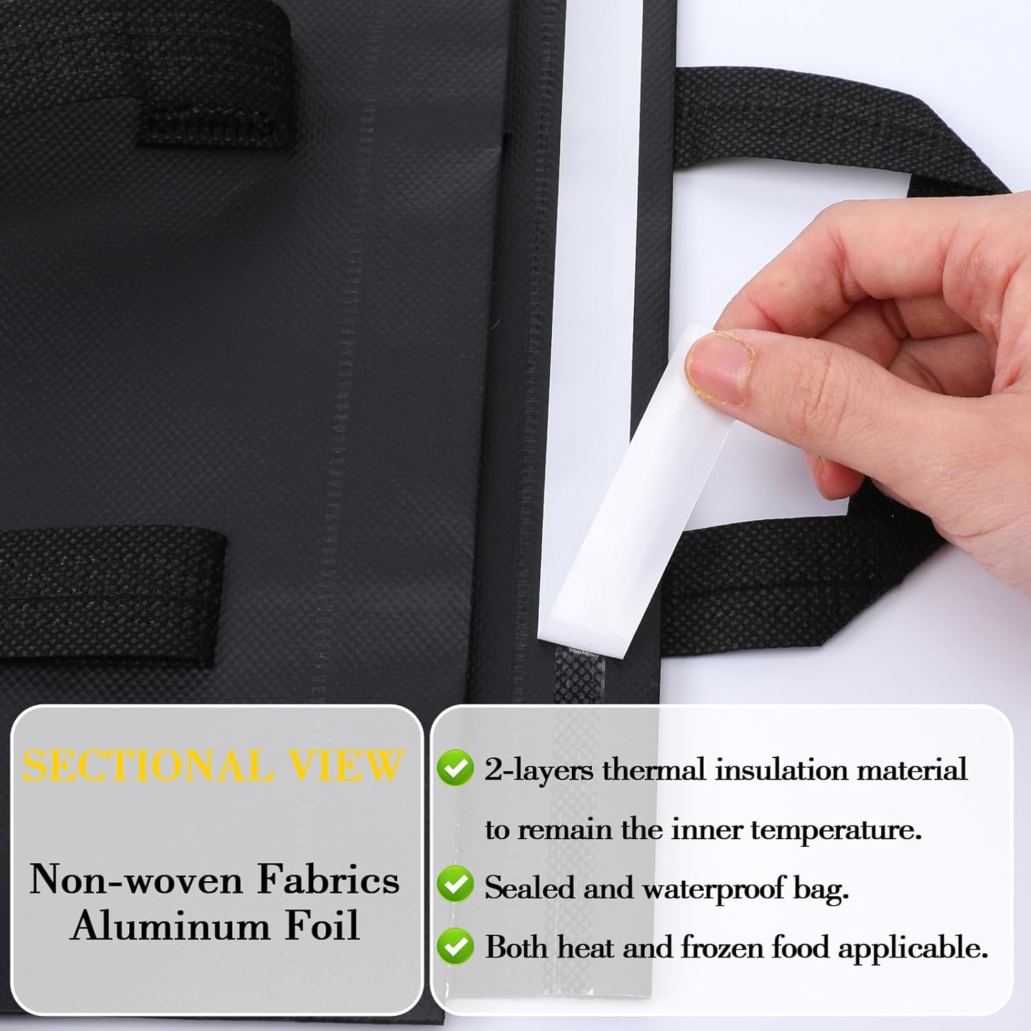 Sacs isothermes à emporter 50 pièces, vente en gros pour café, thé au lait, dîner à emporter, fruits de mer frais, aliments froids ou chauds, logo personnalisé pour restaurant, fournisseur idéal pour pique-nique/BBQ (noir)