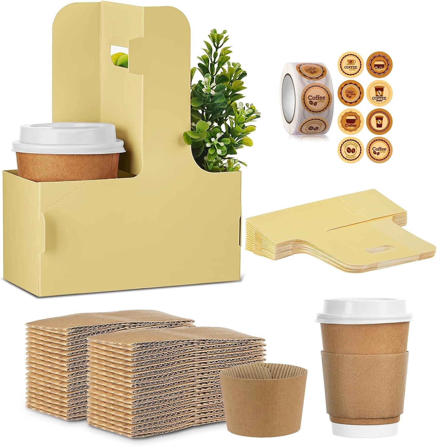 Grossiste 2 porte-gobelets avec poignée, 16 unités de porte-gobelets assemblables pour boissons chaudes ou froides, Fournisseur de porte-gobelets jetables avec manchons et rouleau d'autocollants pour livraison ou à emporter, Logo Personnalisé.