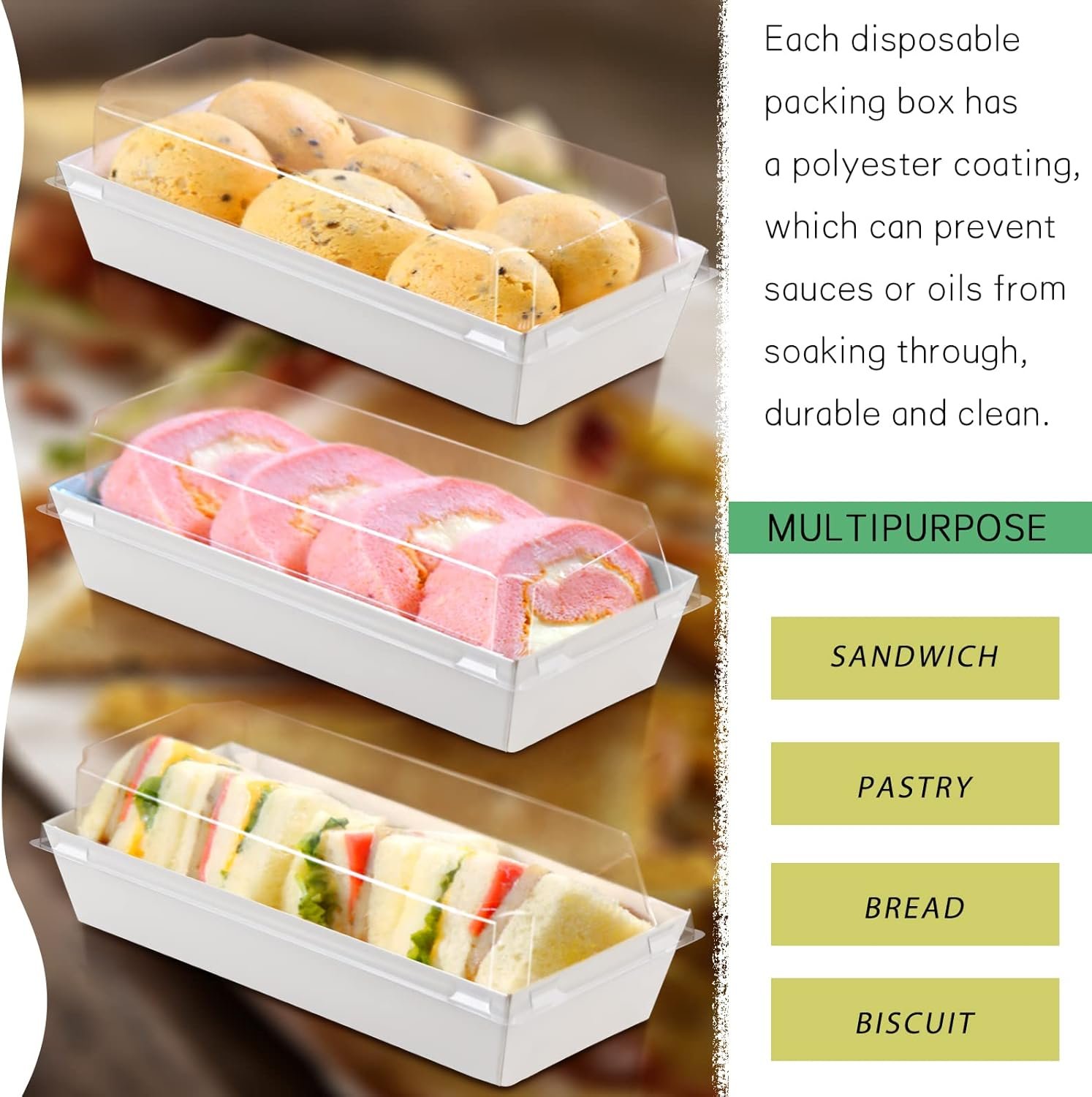 Grossiste Boîtes à Charcuterie 50 pièces, Réservoirs alimentaires en papier jetables rectangulaires blancs de 4,7 pouces avec couvercles transparents, OEM pour gâteaux, cookies, sandwiches, desserts, fraises, Marque Blanche.