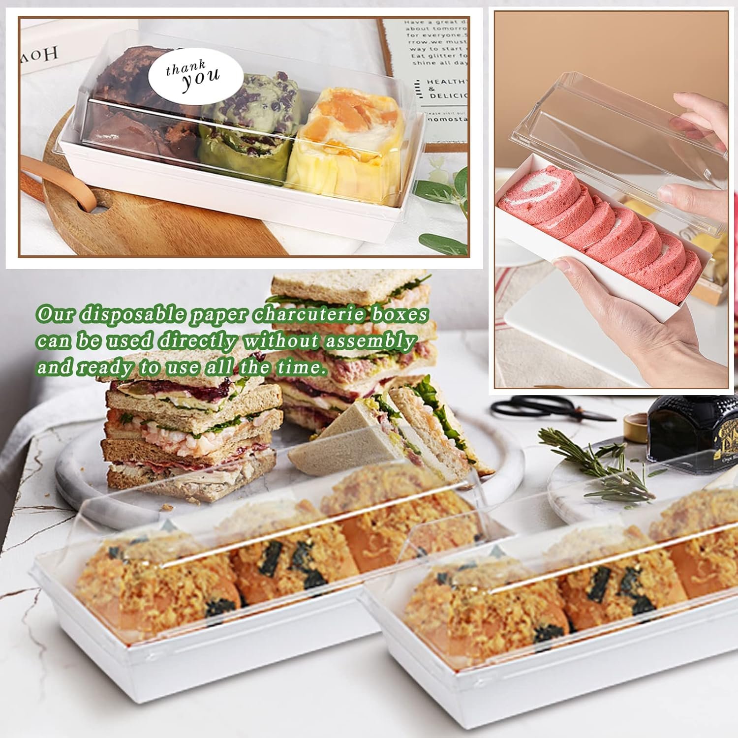 Grossiste Boîtes à Charcuterie 50 pièces, Réservoirs alimentaires en papier jetables rectangulaires blancs de 4,7 pouces avec couvercles transparents, OEM pour gâteaux, cookies, sandwiches, desserts, fraises, Marque Blanche.