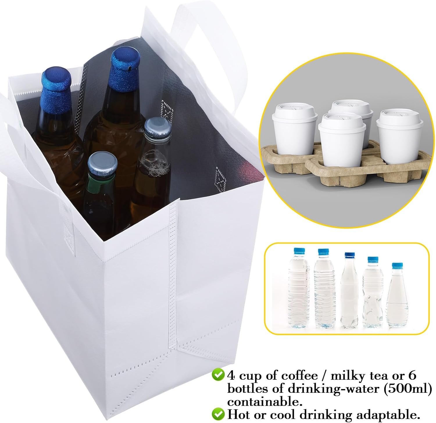 50 Pcs Sacs Isolés à Emporter en Vrac, Fournisseur de Sacs Thermal pour Aliments Chauds et Froids, OEM pour Restaurant et Restauration, Idéal pour Café, Lait, Thé, Fruits de Mer, Pizzas (Blanc)