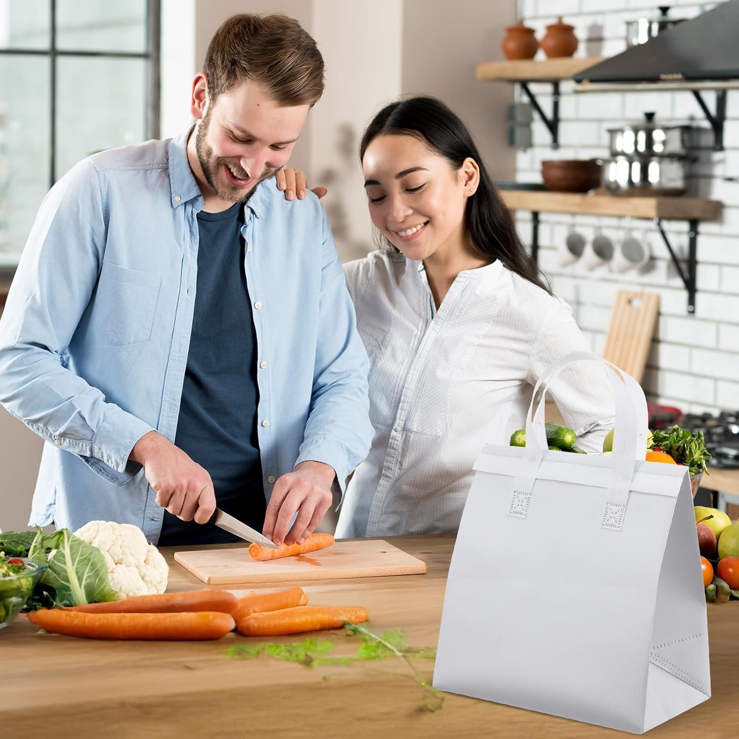 50 Pcs Sacs Isolés à Emporter en Vrac, Fournisseur de Sacs Thermal pour Aliments Chauds et Froids, OEM pour Restaurant et Restauration, Idéal pour Café, Lait, Thé, Fruits de Mer, Pizzas (Blanc)