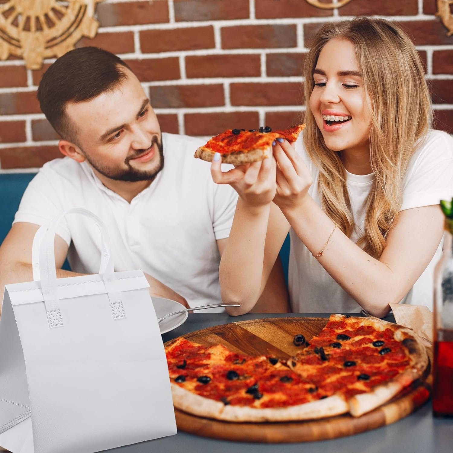 50 Pcs Sacs Isolés à Emporter en Vrac, Fournisseur de Sacs Thermal pour Aliments Chauds et Froids, OEM pour Restaurant et Restauration, Idéal pour Café, Lait, Thé, Fruits de Mer, Pizzas (Blanc)