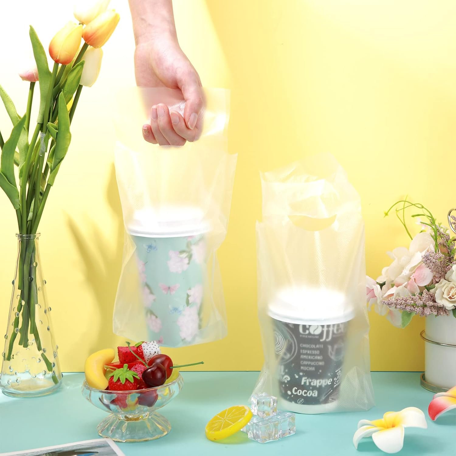 Grossiste 200 Pcs Transporteurs de Boissons en Sacs Plastiques Transparent avec Poignée pour Établissements de Restauration, OEM, 16 x 24 cm, Fournisseur de Solutions pour Cafés et Bars.